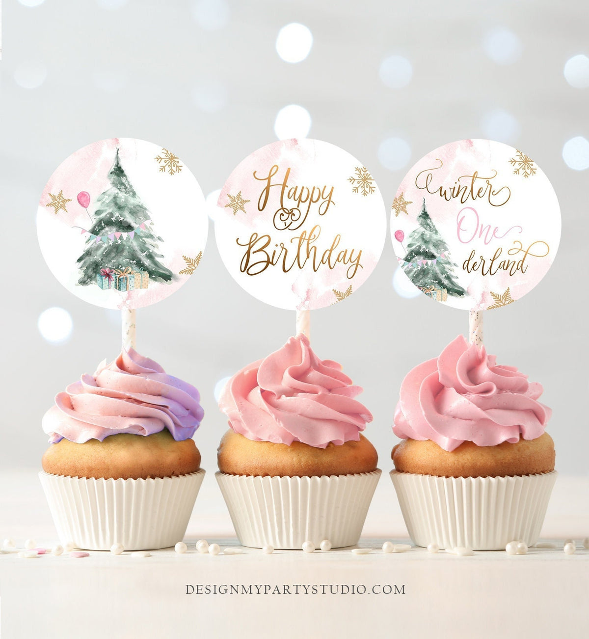 Winter ONEderland Cupcake Toppers Winter Tree Birthday Party Decorations Oh What Fun Gold Pink Stickers Tags Digital Download Printable 0363