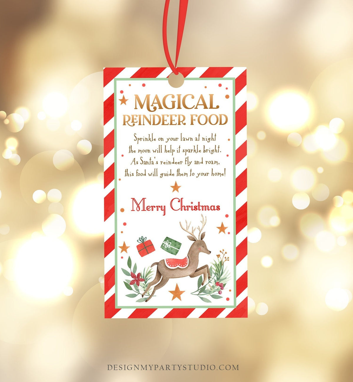 Editable Magical Reindeer Food Favor Tag Christmas Eve Gift Box Gold Glitter Sparkle Bright Lawn Santa Digital Template Printable 0358