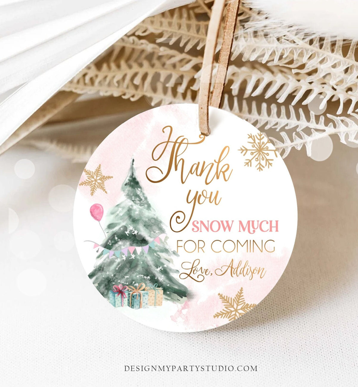 Editable Winter Tree Favor Tag Winter Onederland Girl Christmas Thank You Snow Much Birthday Pink Gold Gift Digital Template Printable 0363