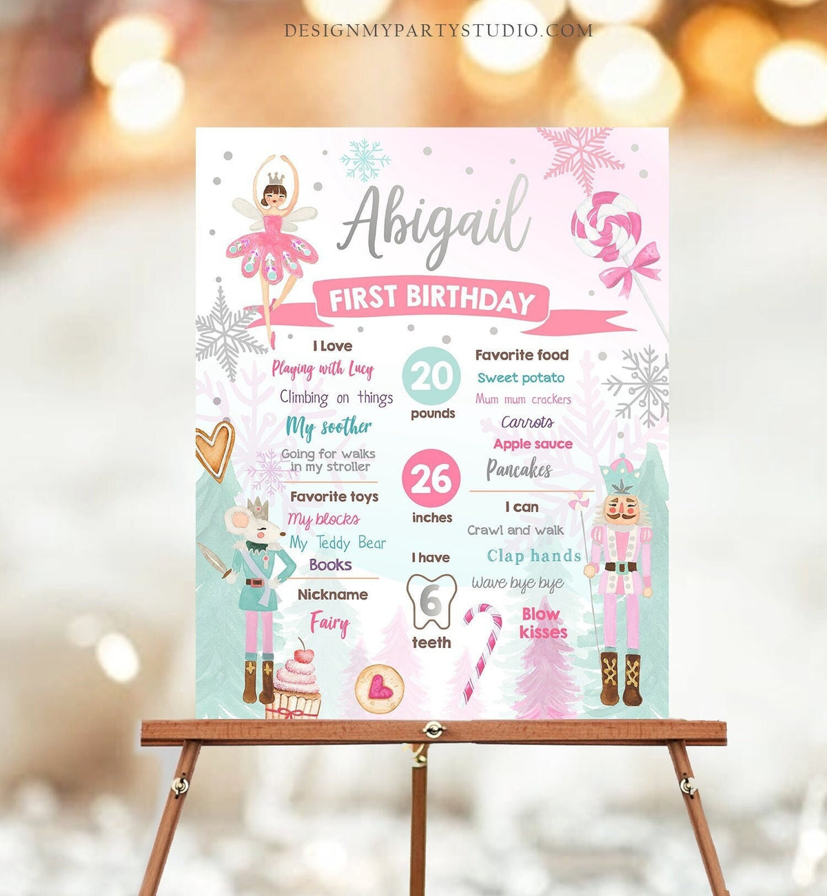 Editable Nutcracker Birthday Milestones Sign Girl First Birthday 1st Birthday Land of Sweets Milestone Board Corjl Template Printable 0352
