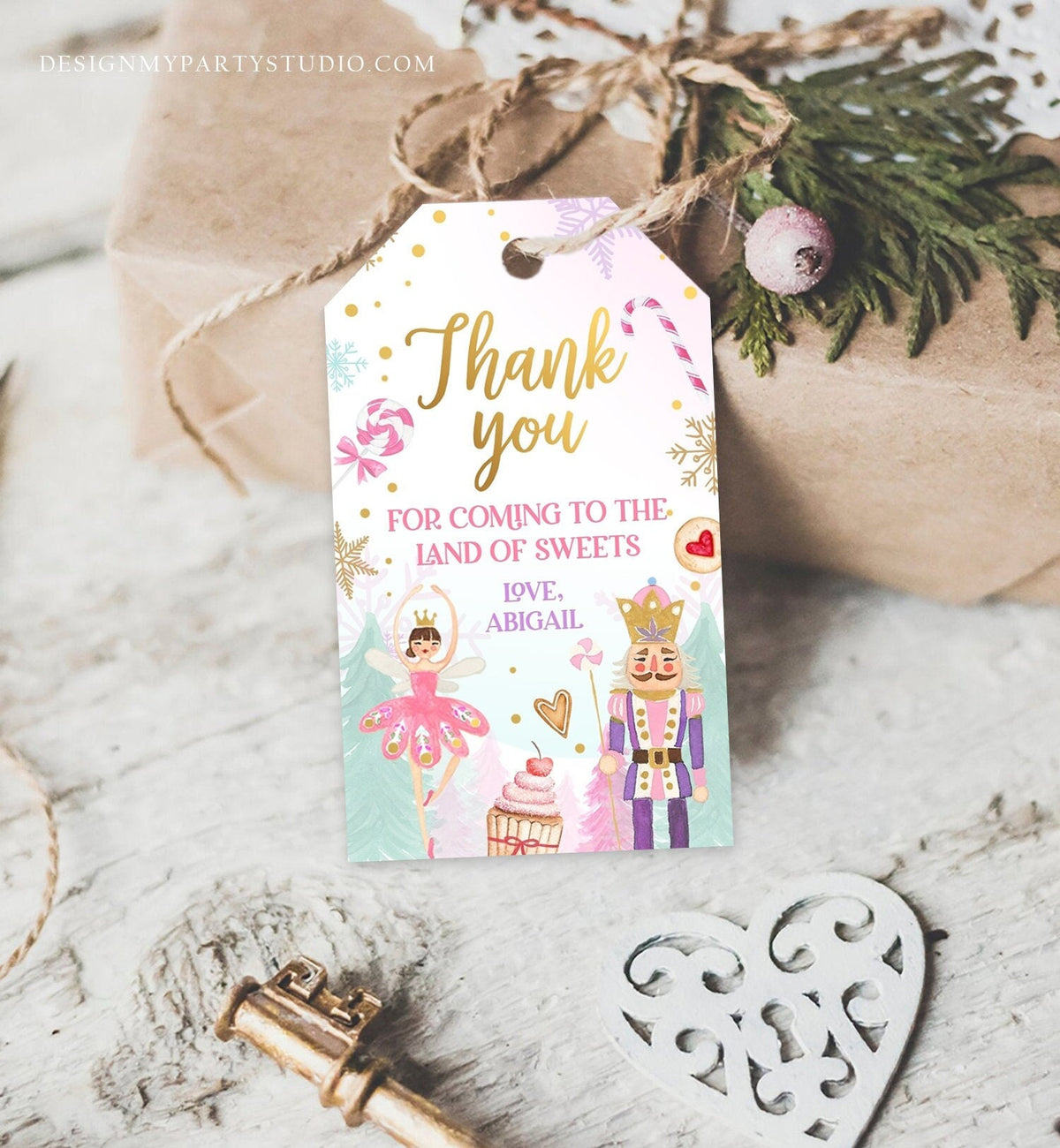 Editable Nutcracker Favor Tag Birthday Land of Sweets Thank You Tag Sugar Plum Fairy Christmas Winter Pink Gold Girl Template Printable 0352