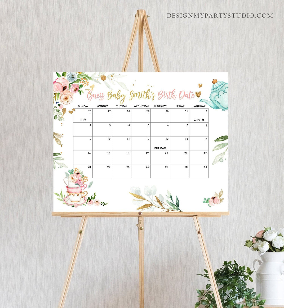 Editable Guess the Birth Date Baby Shower Game Guess Birthday Baby is Brewing Baby Shower Floral Tea Pink Digital Template Printable 0349