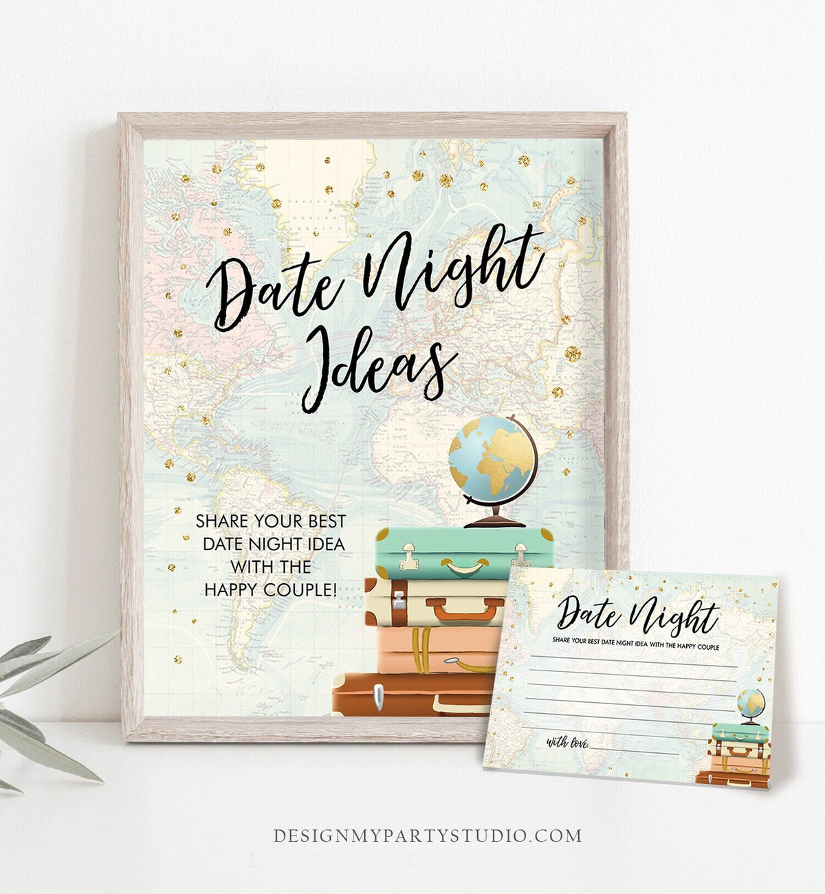 Editable Date Night Ideas Bridal Shower Game Travel Adventure Greenery Gold Date Jar Sign Digital Download Template Printable 0263