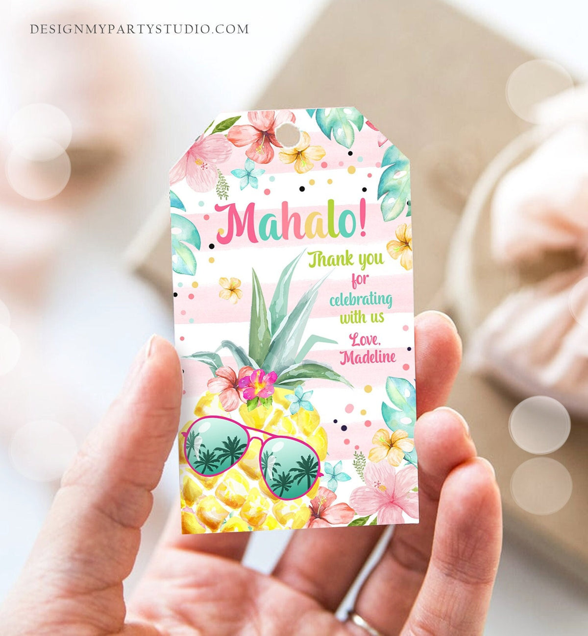 Editable Mahola Aloha Hawaiian Favor Tag Luau Birthday Party Pineapple Favor Tag Mahalo Pool Party Pink Girl Digital Template Printable 0391