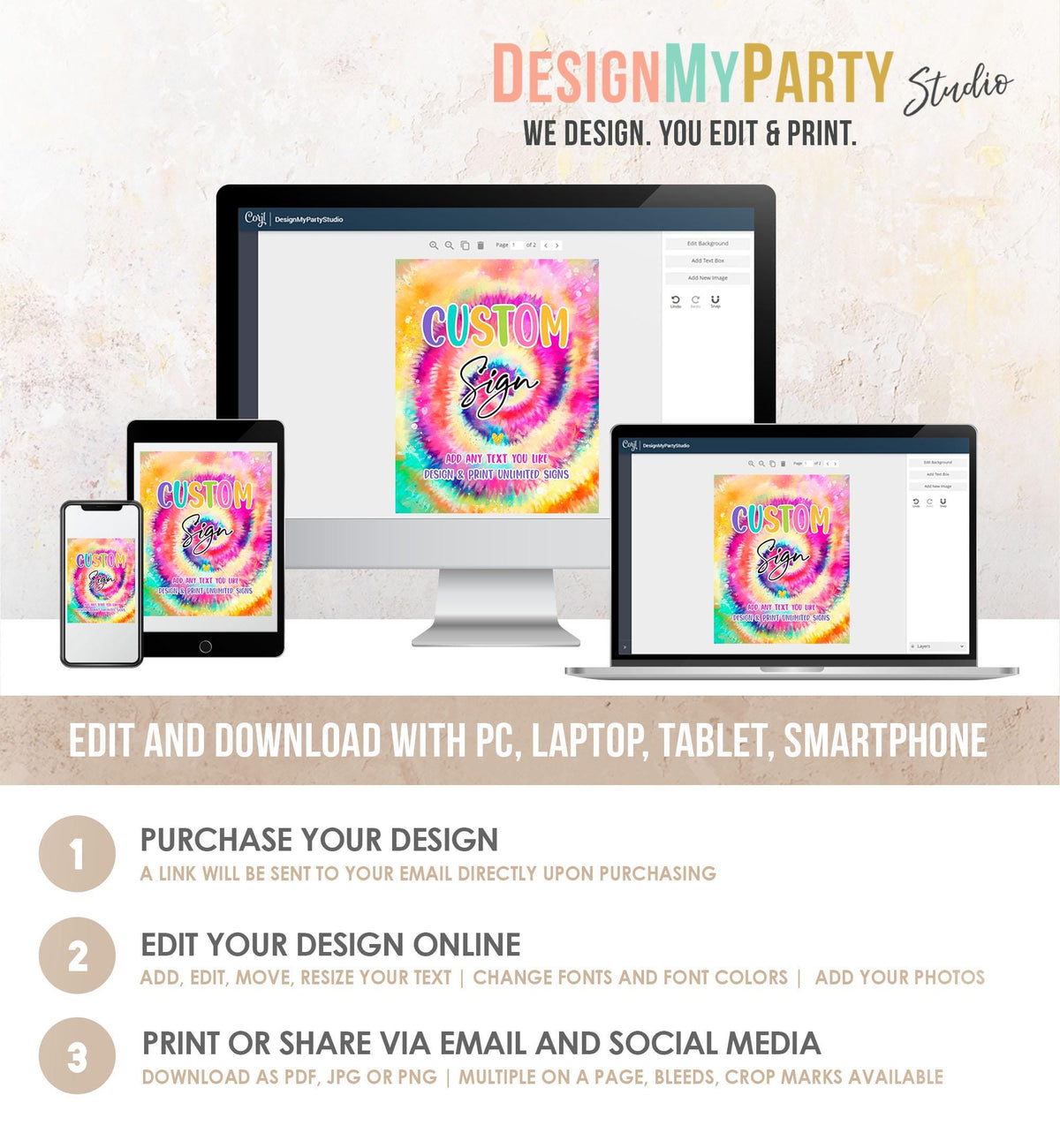 Editable Tie Dye Custom Sign Rainbow Tie Dye Birthday Party Girl Hippie Peace Love Tween Craft Table Sign Download Template Printable 0407