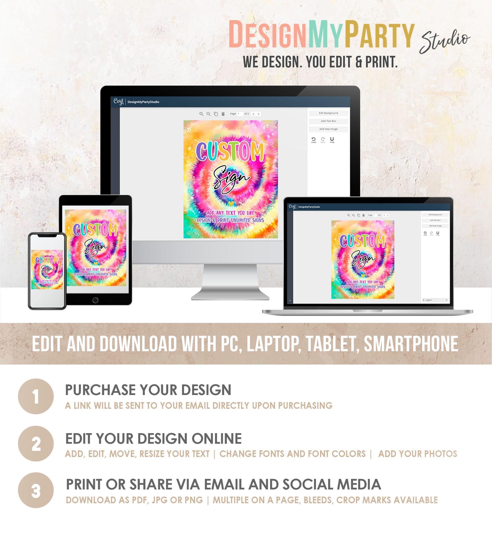 Editable Tie Dye Custom Sign Rainbow Tie Dye Birthday Party Girl Hippie Peace Love Tween Craft Table Sign Download Template Printable 0407