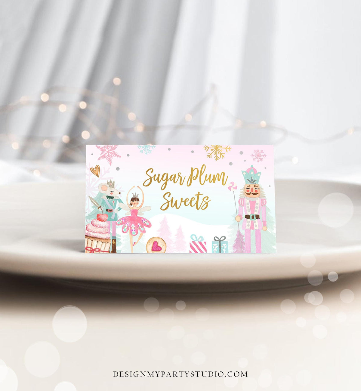 Editable Nutcracker Birthday Food Tent Cards Pink Gold Labels Girl Winter Party Place Cards Land of Sweets Digital Template Printable 0352