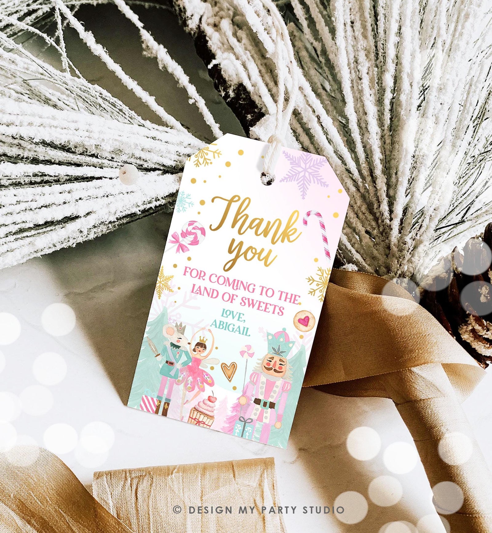Editable Nutcracker Favor Tag Girl Birthday Land of Sweets Thank You Sugar Plum Fairy Christmas Winter Pink Digital Template Printable 0352