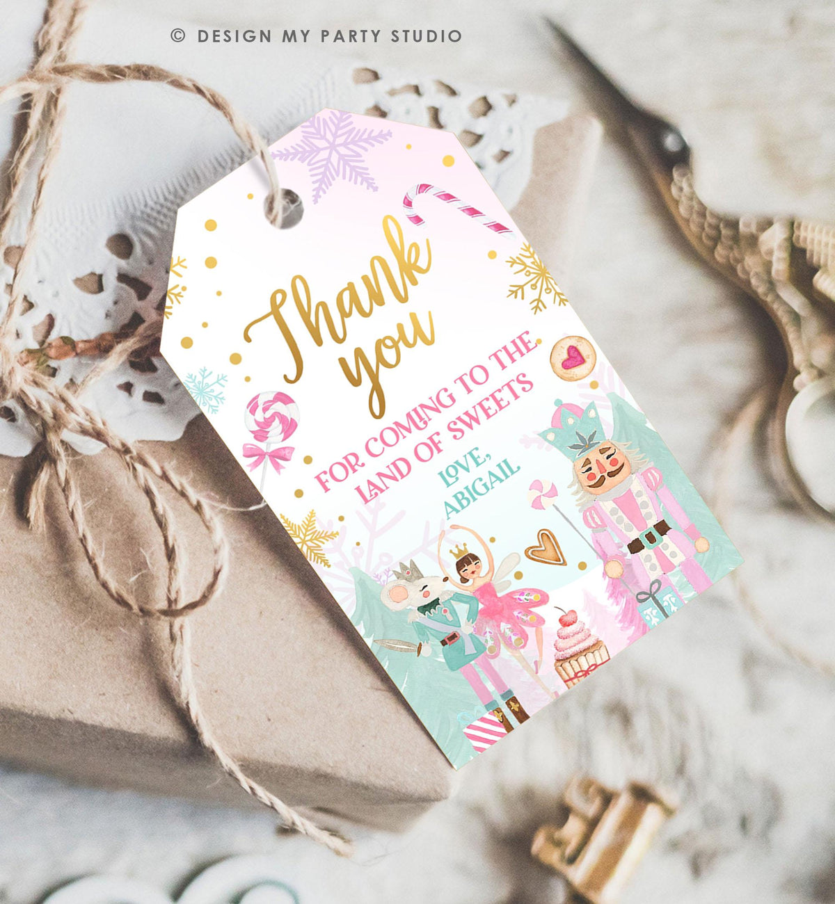Editable Nutcracker Favor Tag Girl Birthday Land of Sweets Thank You Sugar Plum Fairy Christmas Winter Pink Digital Template Printable 0352