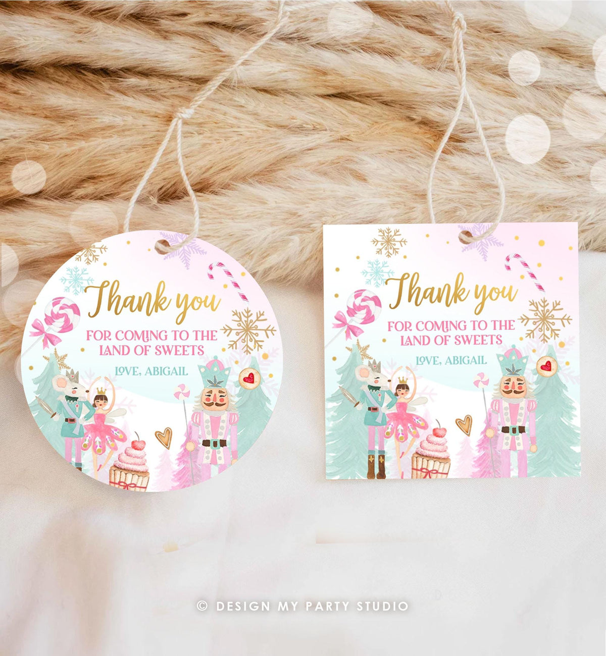 Editable Nutcracker Favor Tag Girl Birthday Land of Sweets Thank You Tag Sugar Plum Fairy Christmas Winter Pink Gold Template Printable 0352