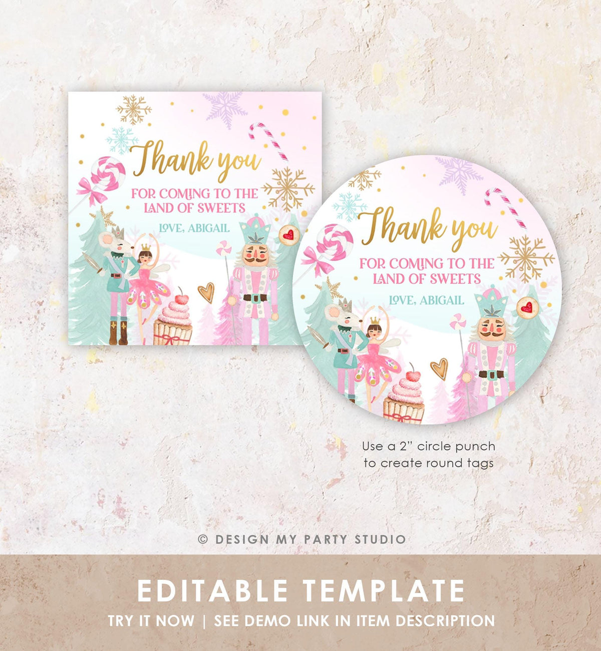 Editable Nutcracker Favor Tag Girl Birthday Land of Sweets Thank You Tag Sugar Plum Fairy Christmas Winter Pink Gold Template Printable 0352