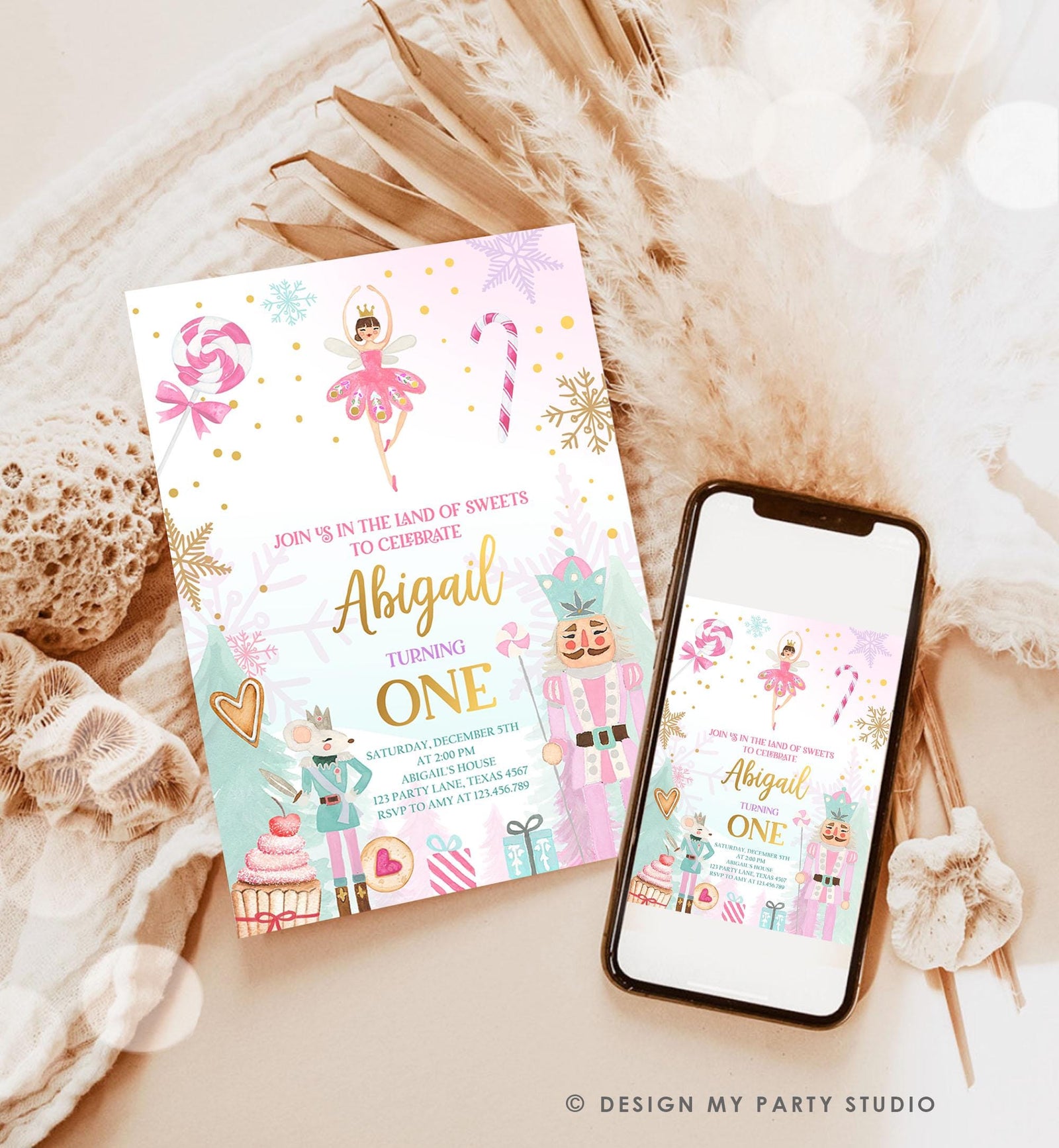 Editable Nutcracker Birthday Invitation Girl Land of Sweets Winter Pink Girl Sugar Plum Fairy Digital Download Evite Template Printable 0352