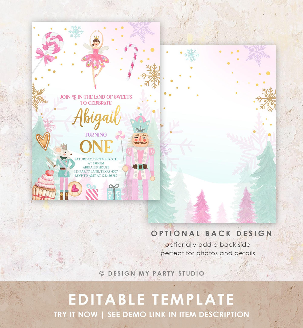 Editable Nutcracker Birthday Invitation Girl Land of Sweets Winter Pink Girl Sugar Plum Fairy Digital Download Evite Template Printable 0352