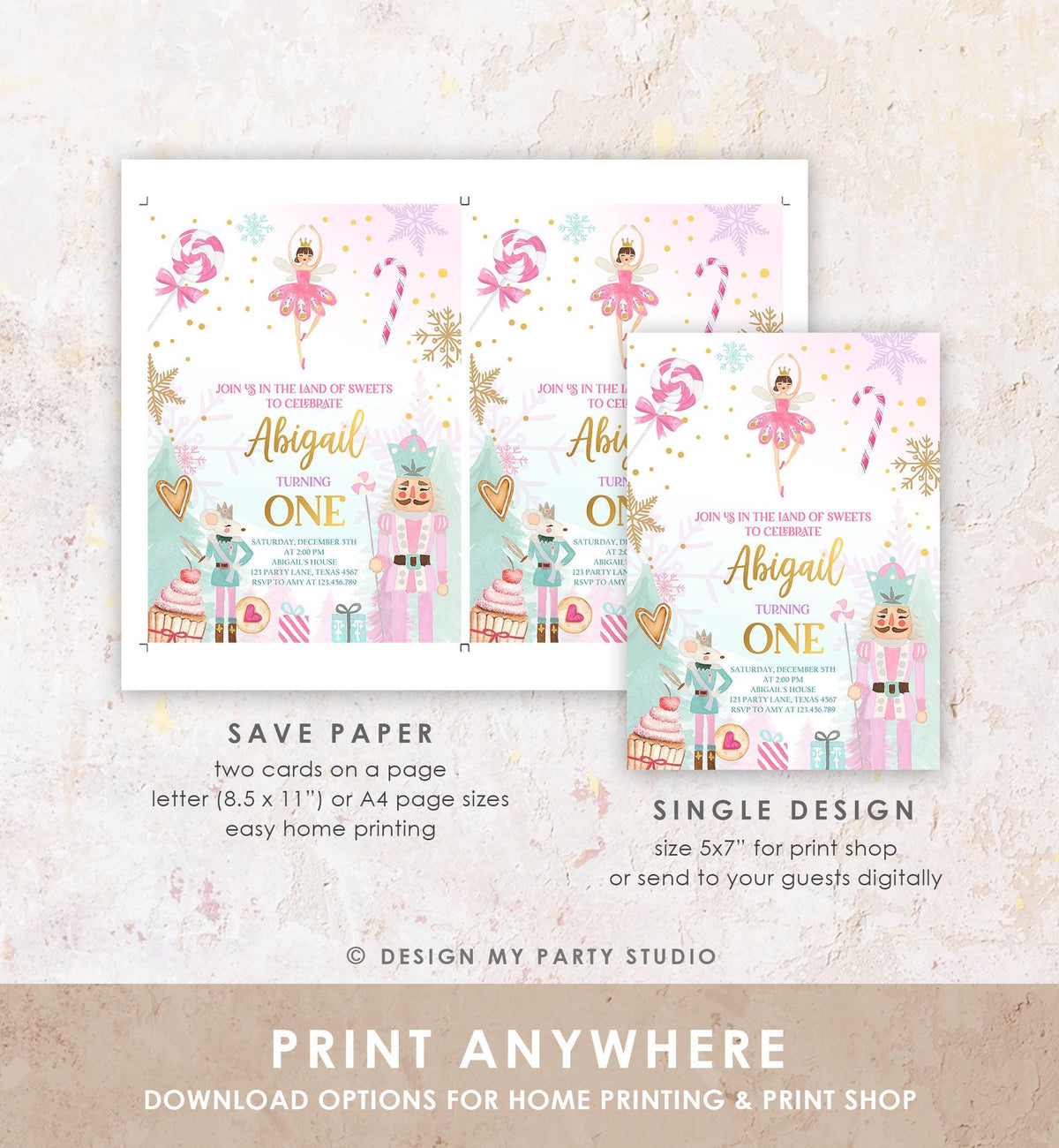 Editable Nutcracker Birthday Invitation Girl Land of Sweets Winter Pink Girl Sugar Plum Fairy Digital Download Evite Template Printable 0352