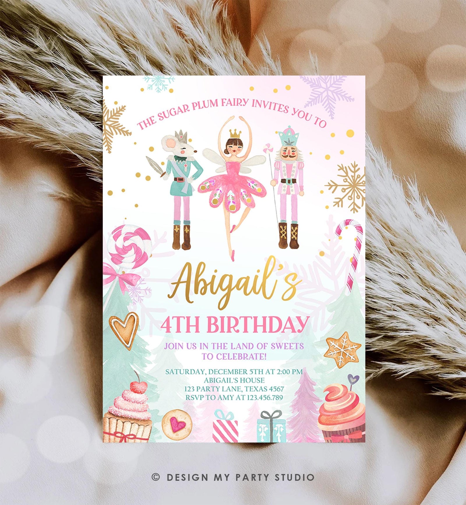 Editable Nutcracker Birthday Invitation Girl Land of Sweets Winter Gold Girl Sugar Plum Fairy Digital Download Evite Template Printable 0352