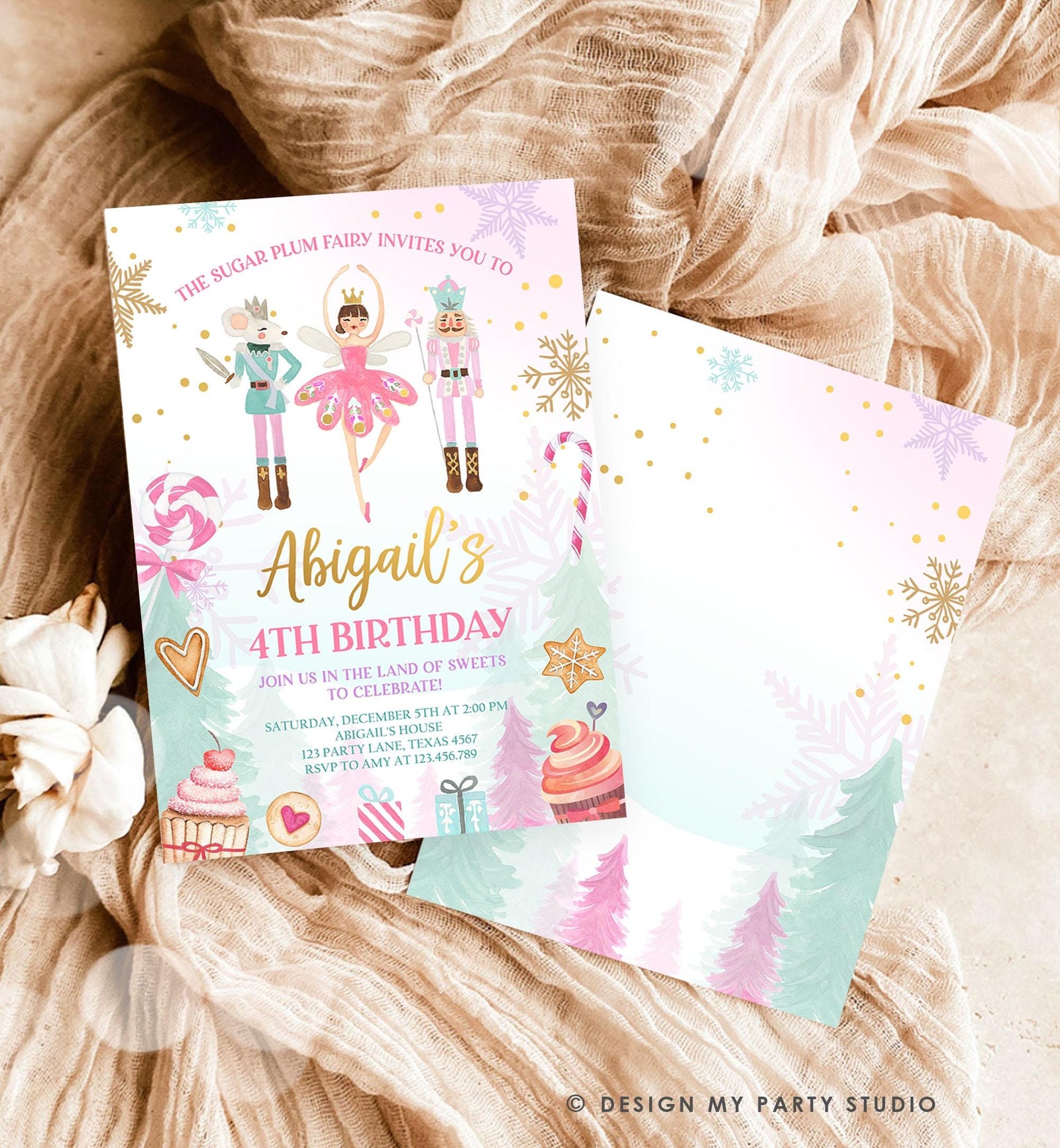 Editable Nutcracker Birthday Invitation Girl Land of Sweets Winter Gold Girl Sugar Plum Fairy Digital Download Evite Template Printable 0352