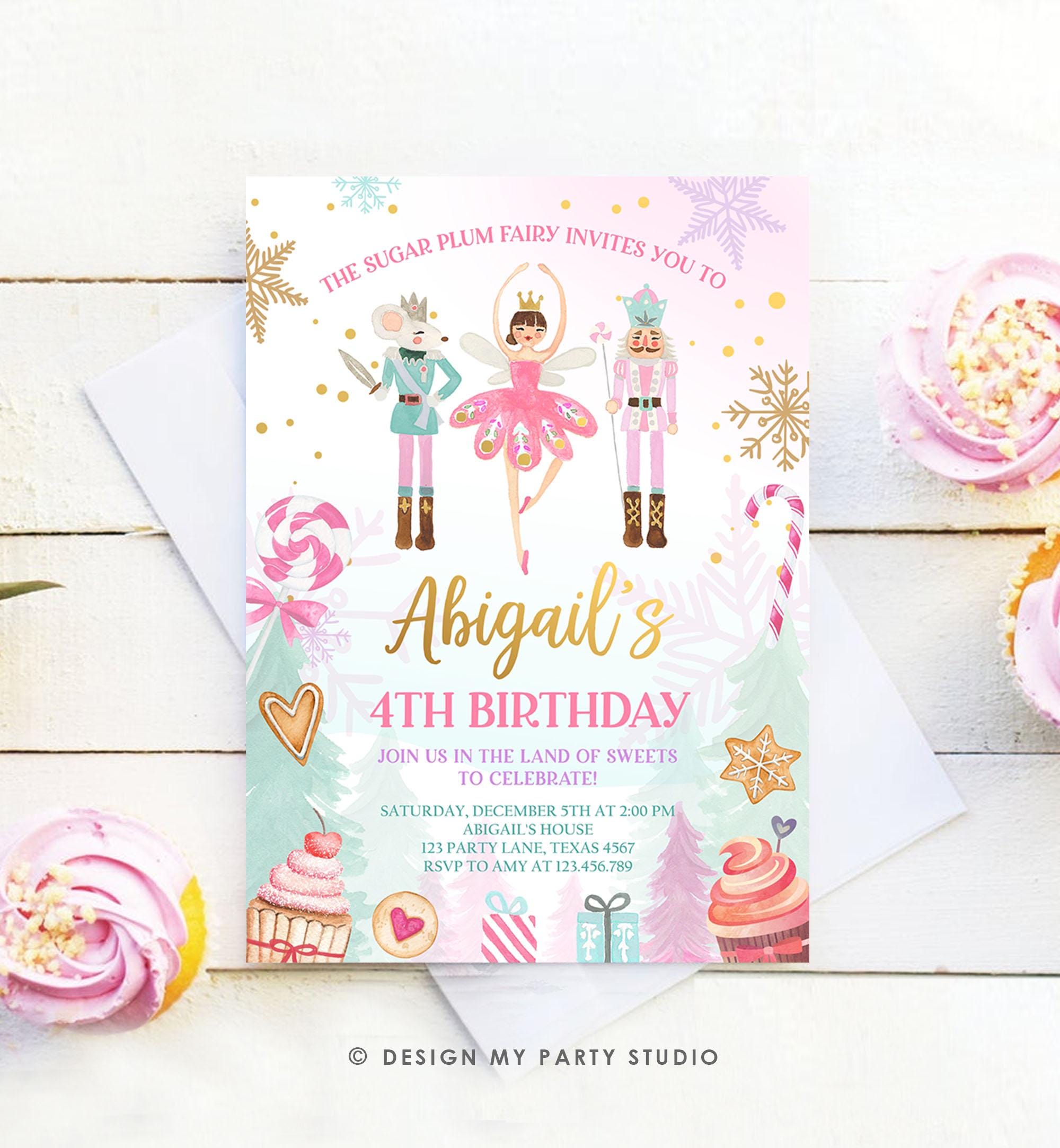 Editable Nutcracker Birthday Invitation Girl Land of Sweets Winter Gold Girl Sugar Plum Fairy Digital Download Evite Template Printable 0352