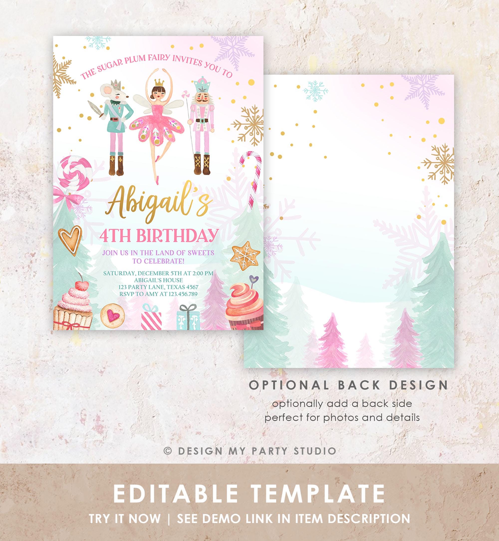 Editable Nutcracker Birthday Invitation Girl Land of Sweets Winter Gold Girl Sugar Plum Fairy Digital Download Evite Template Printable 0352