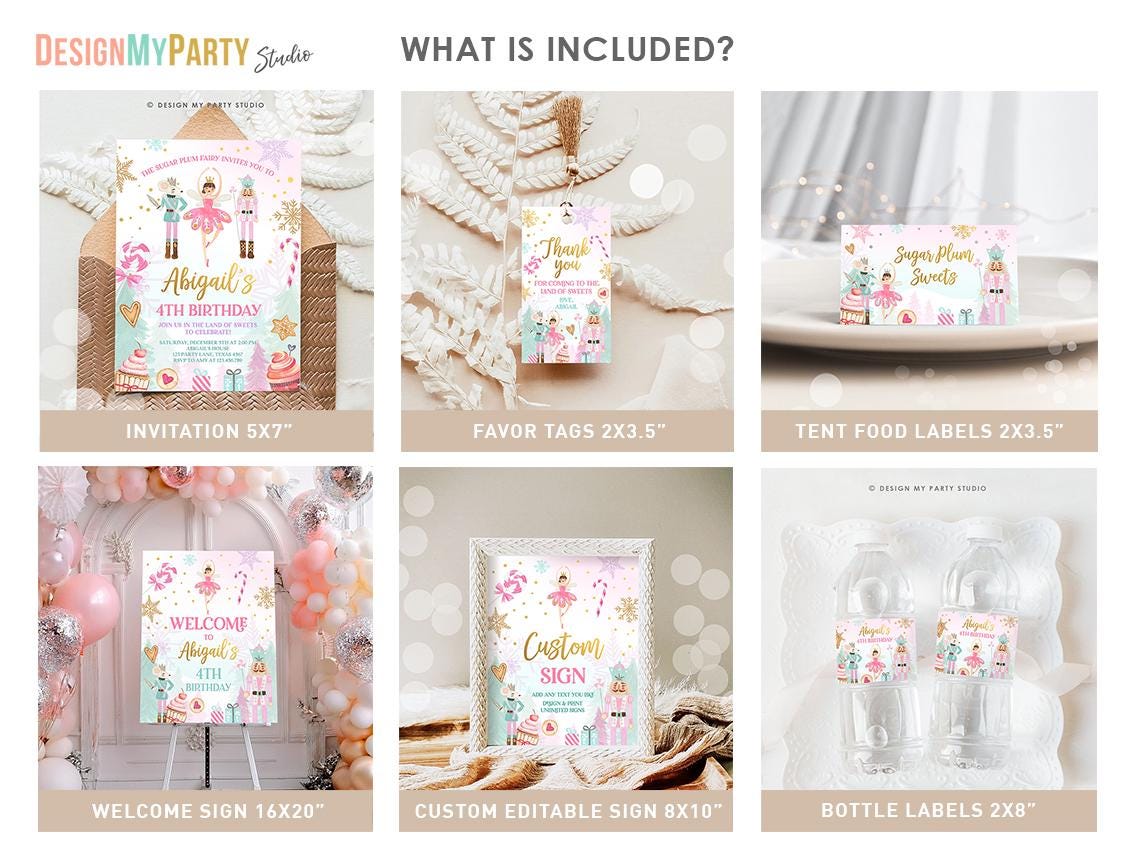 Editable Nutcracker Birthday Bundle Girl Land of Sweets Winter Pink Girl Sugar Plum Fairy Digital Download Template Printable 0352