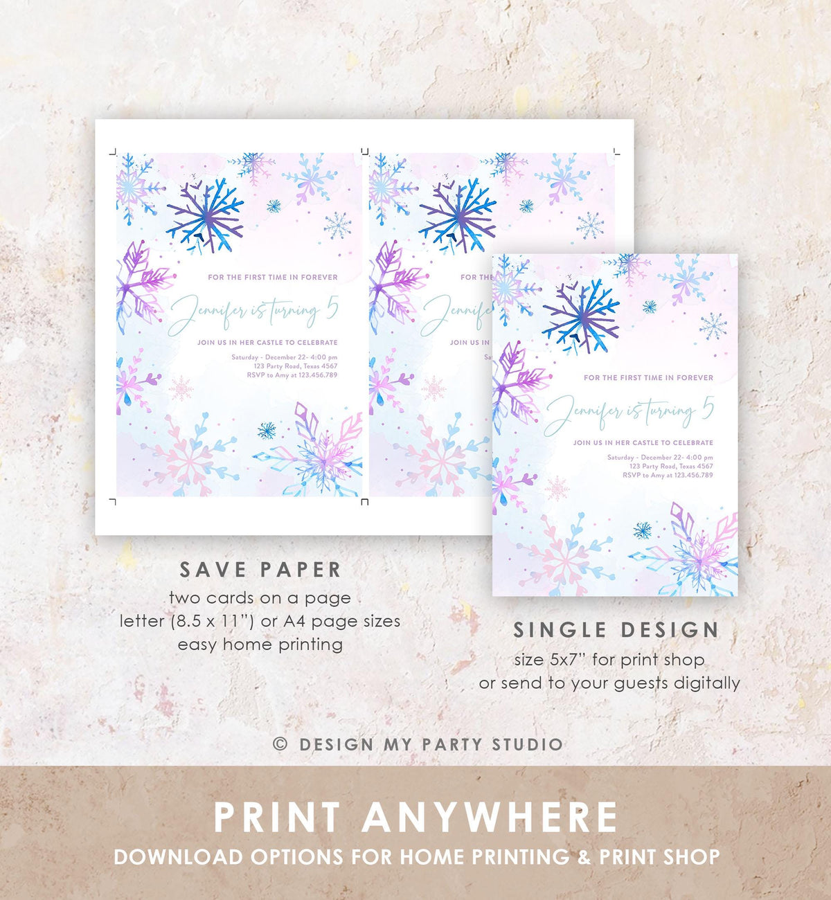 Editable Winter Birthday Invitation Winter Wonderland Onederland Princess First Birthday 1st Girl Pink Purple Snowflake Template Evite 0518