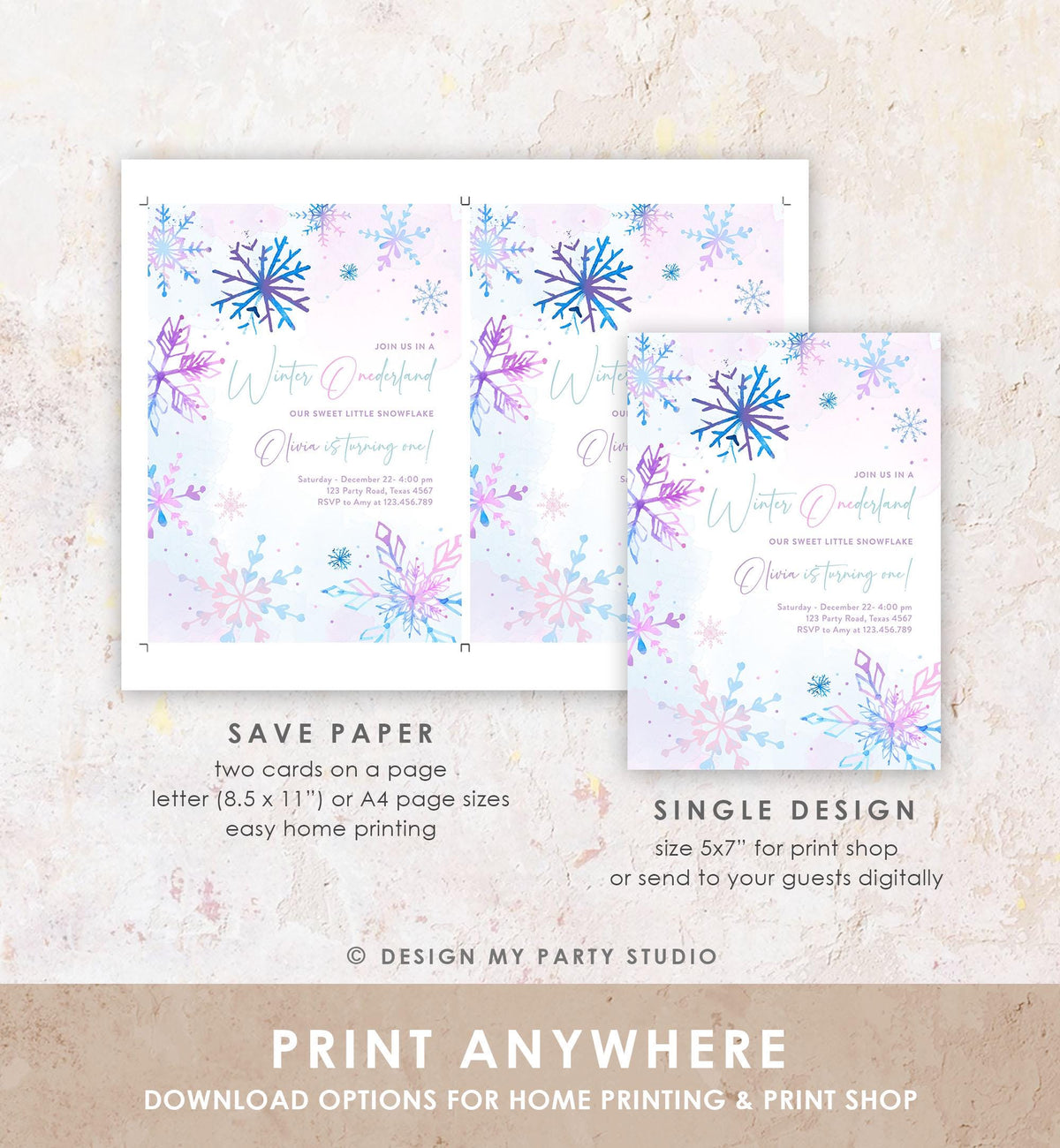 Editable Winter ONEderland Birthday Invitation First Birthday 1st Girl Pink Purple Snowflake Princess Castle Digital Template Evite 0518