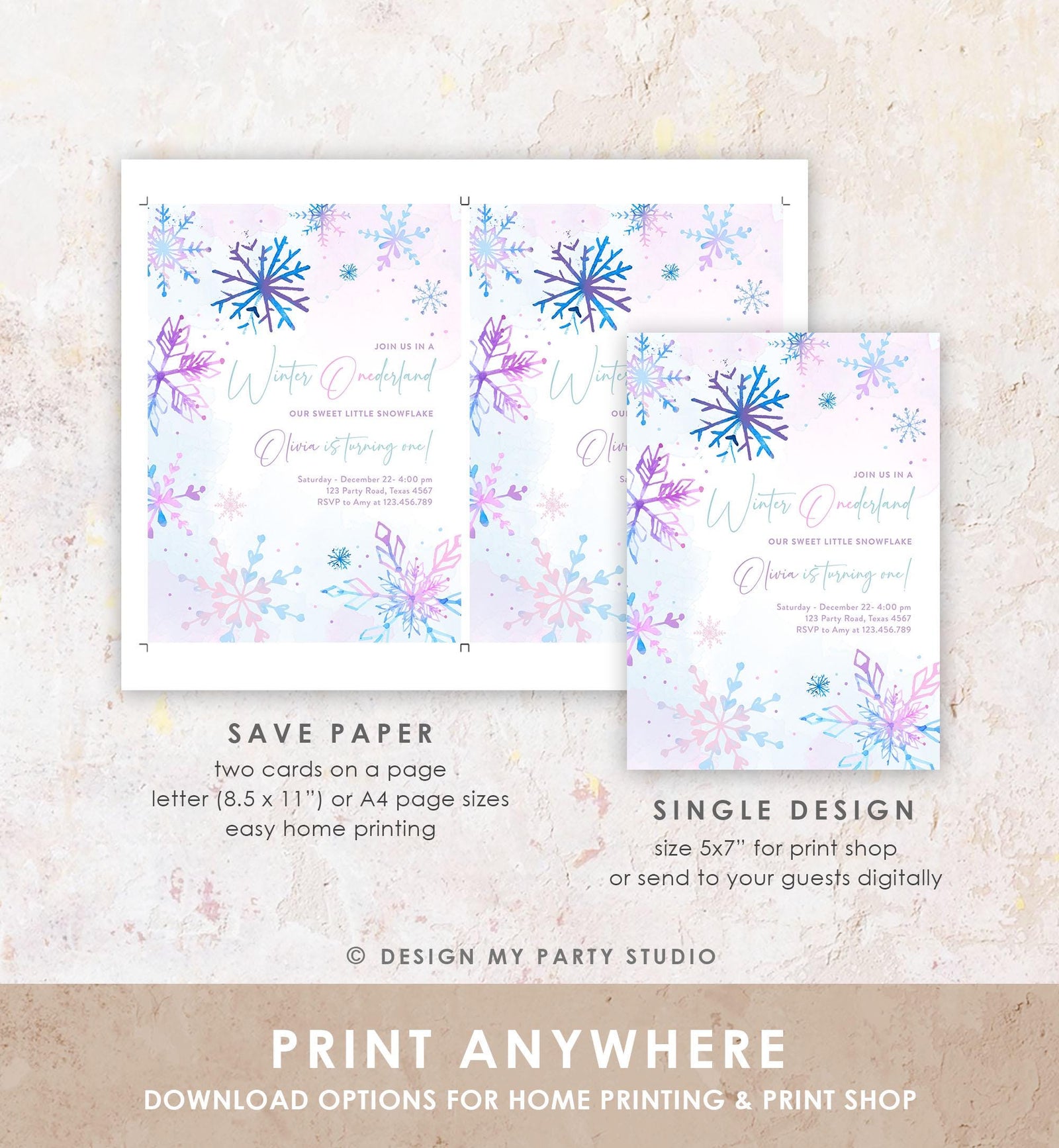 Editable Winter ONEderland Birthday Invitation First Birthday 1st Girl Pink Purple Snowflake Princess Castle Digital Template Evite 0518