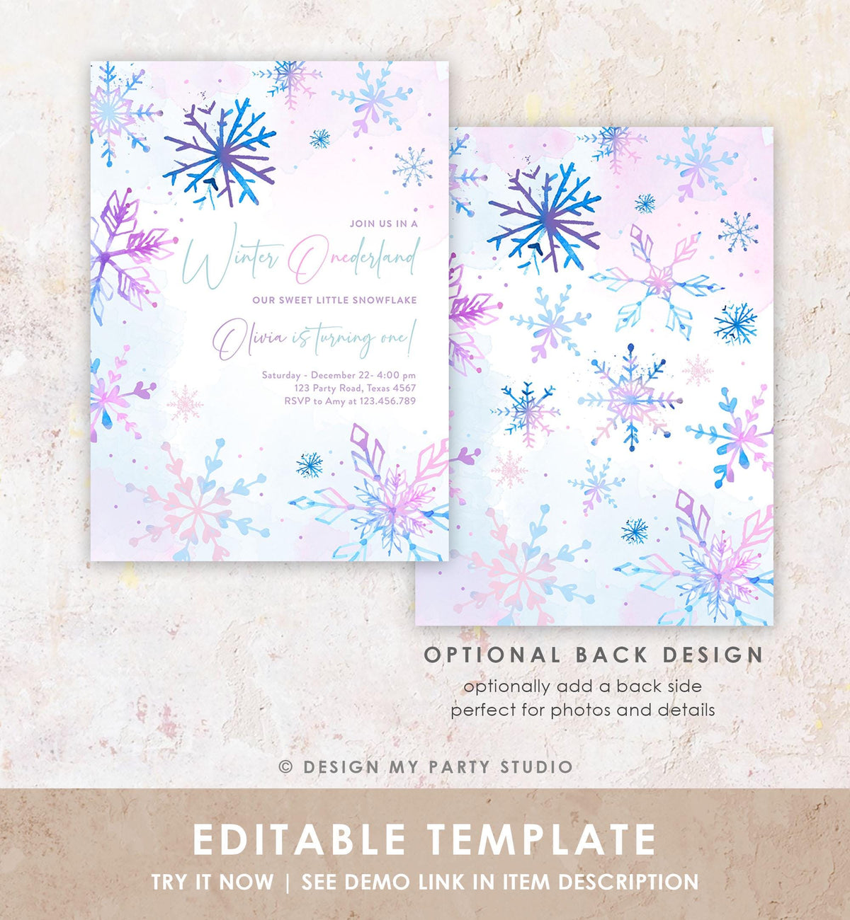 Editable Winter ONEderland Birthday Invitation First Birthday 1st Girl Pink Purple Snowflake Princess Castle Digital Template Evite 0518