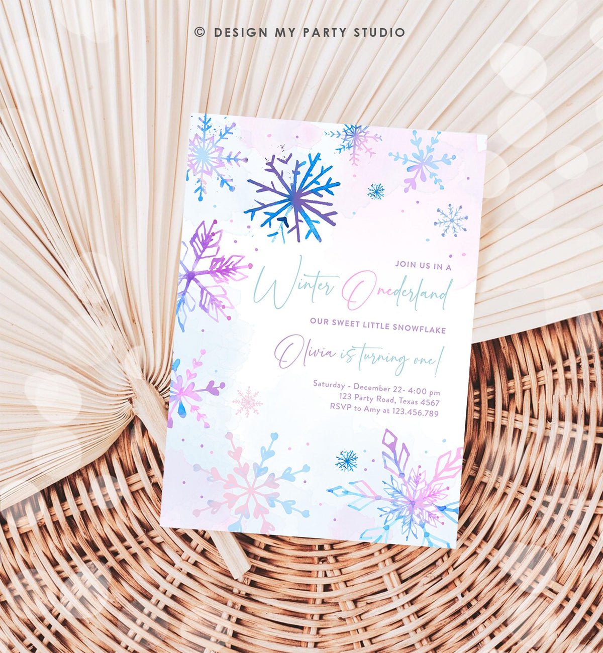 Editable Winter ONEderland Birthday Invitation First Birthday 1st Girl Pink Purple Snowflake Princess Castle Digital Template Evite 0518