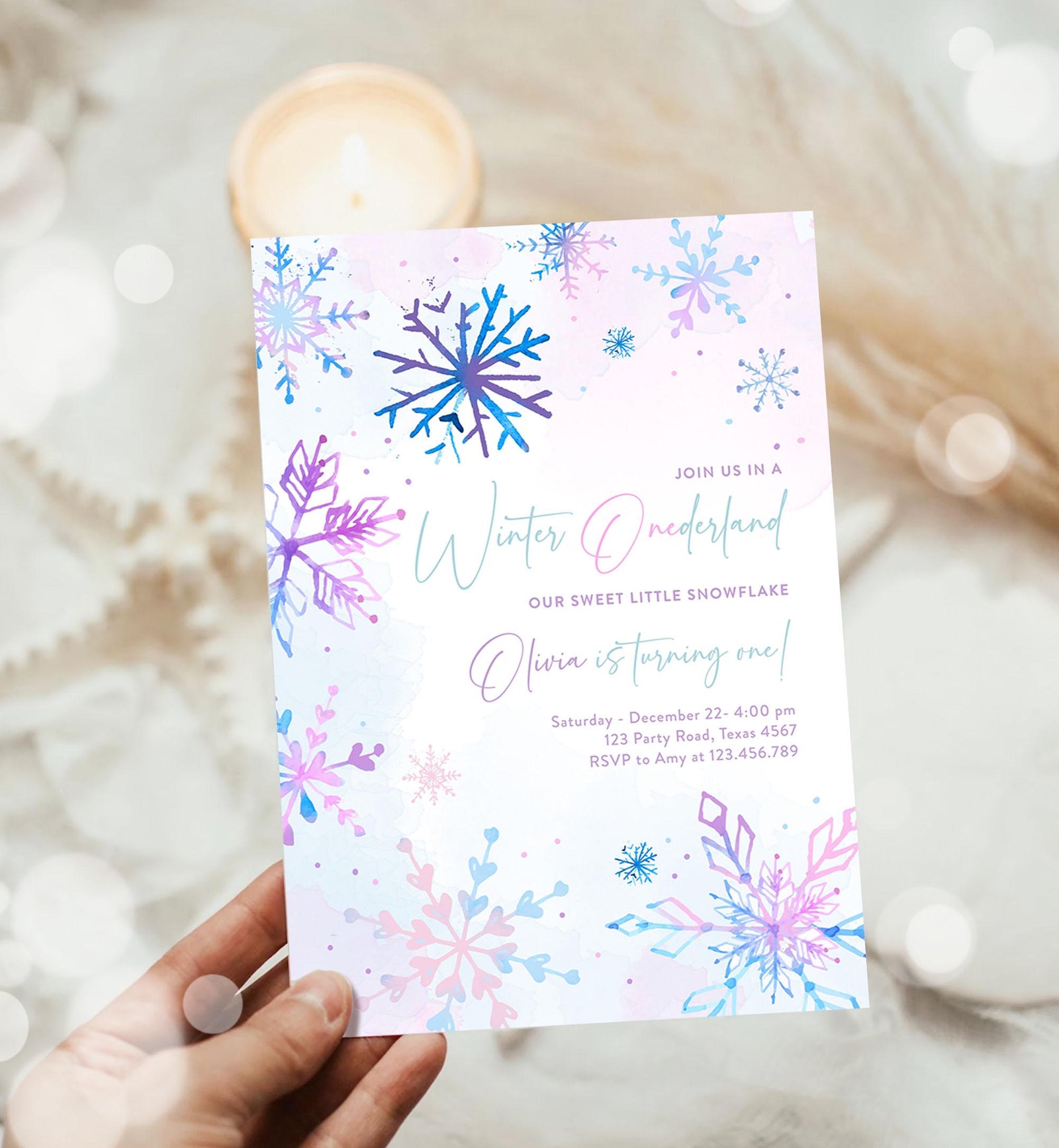 Editable Winter ONEderland Birthday Invitation First Birthday 1st Girl Pink Purple Snowflake Princess Castle Digital Template Evite 0518