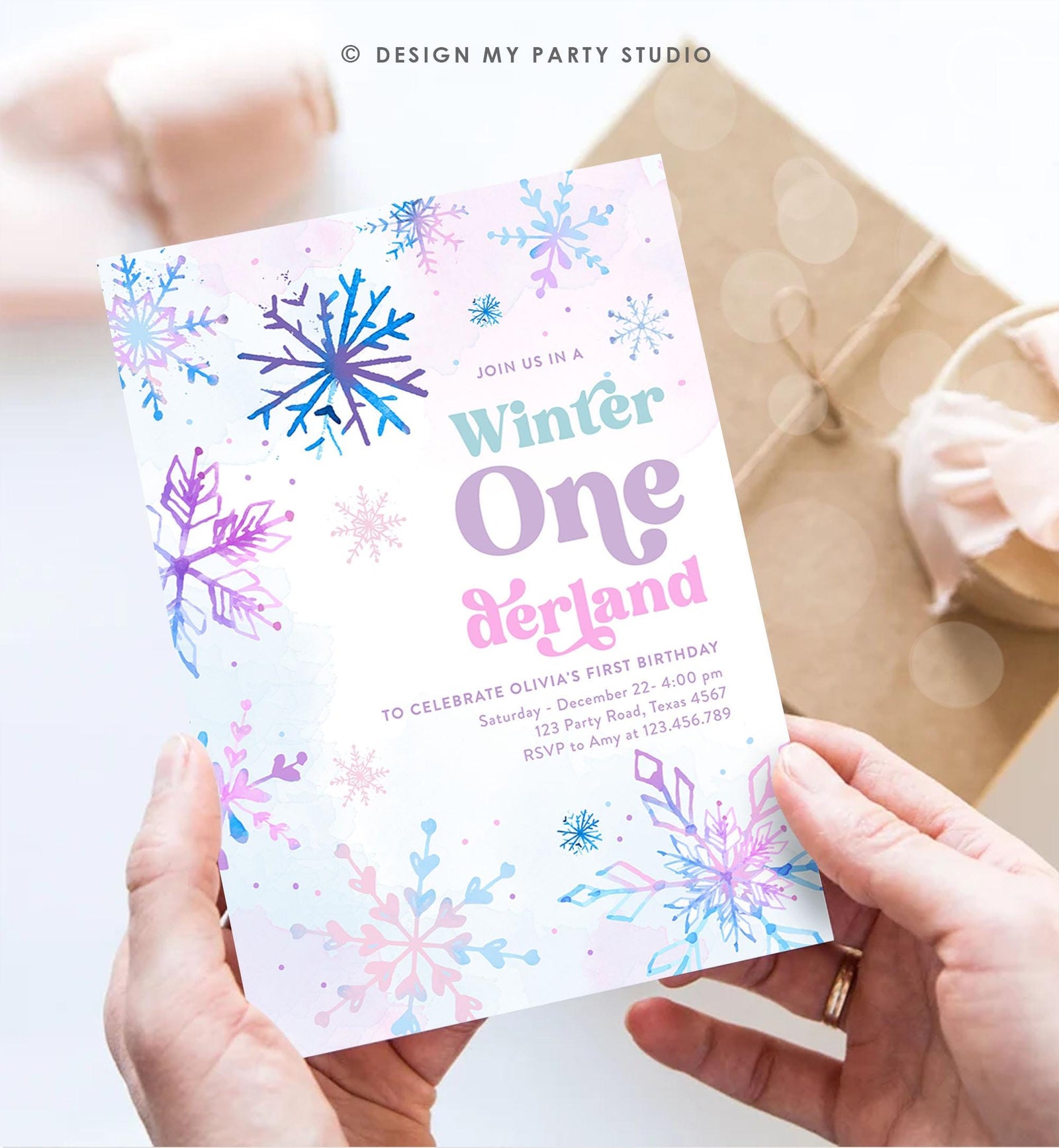 Editable Winter ONEderland Birthday Invitation First Birthday 1st Girl Pink Purple Snowflake Princess Castle Digital Template Evite 0518