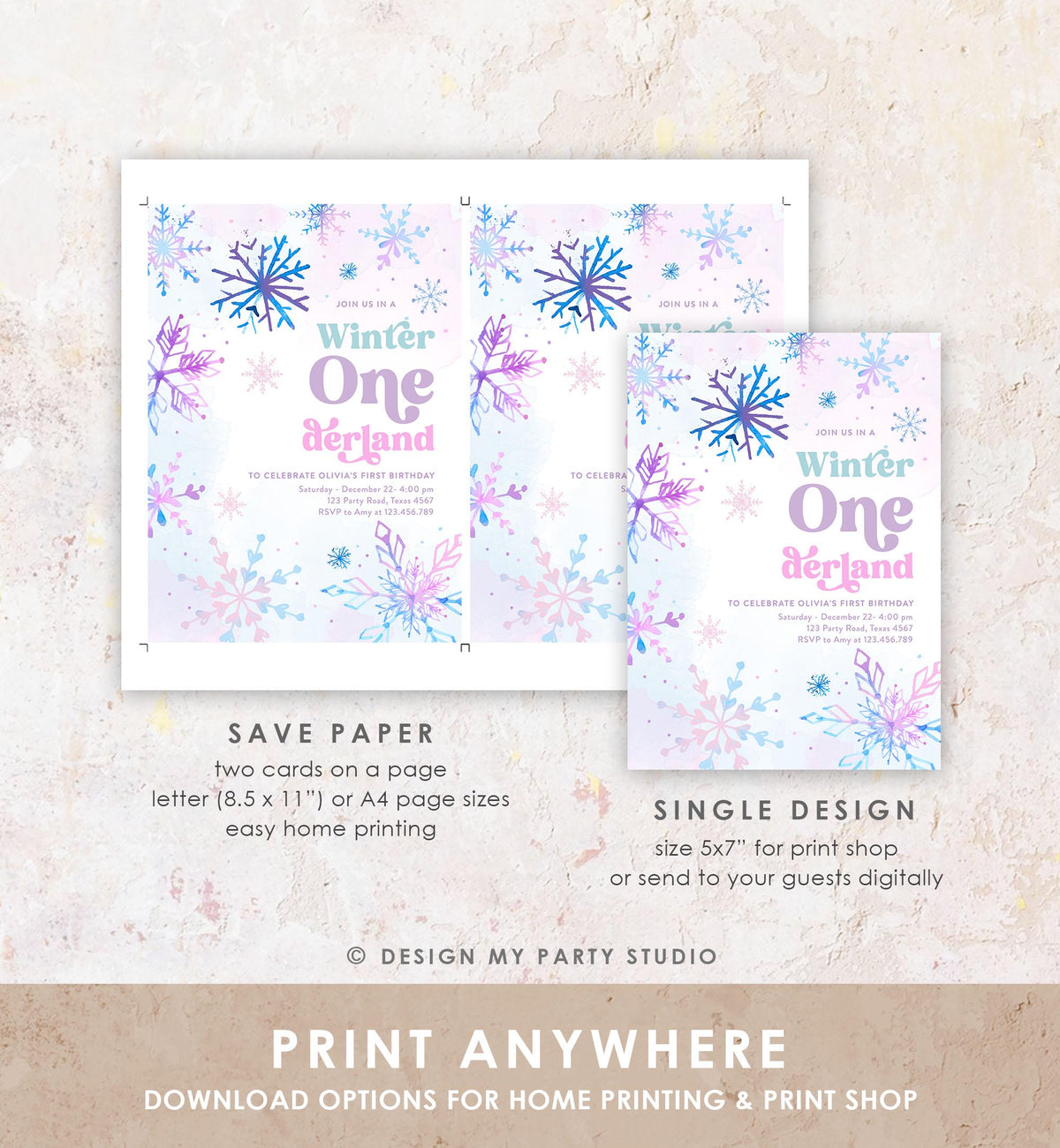 Editable Winter ONEderland Birthday Invitation First Birthday 1st Girl Pink Purple Snowflake Princess Castle Digital Template Evite 0518