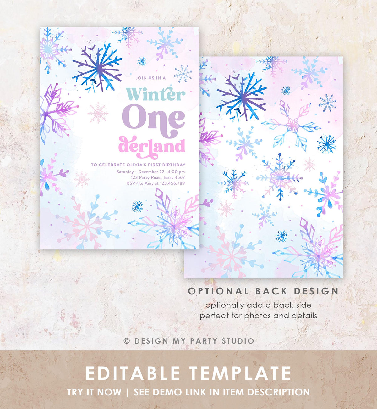 Editable Winter ONEderland Birthday Invitation First Birthday 1st Girl Pink Purple Snowflake Princess Castle Digital Template Evite 0518