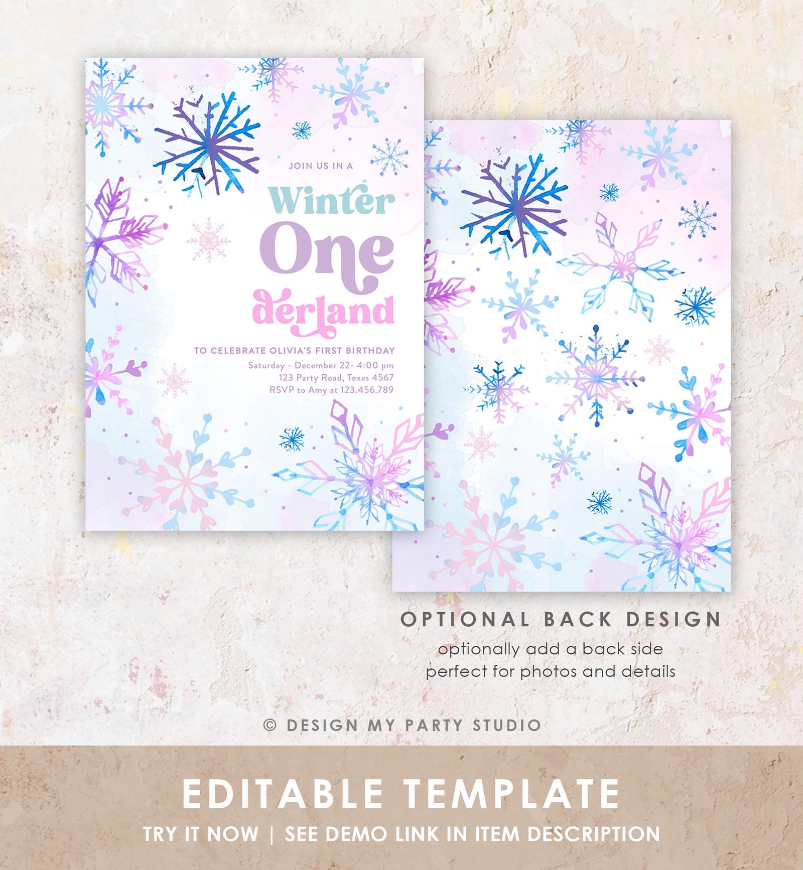 Editable Winter ONEderland Birthday Invitation First Birthday 1st Girl Pink Purple Snowflake Princess Castle Digital Template Evite 0518