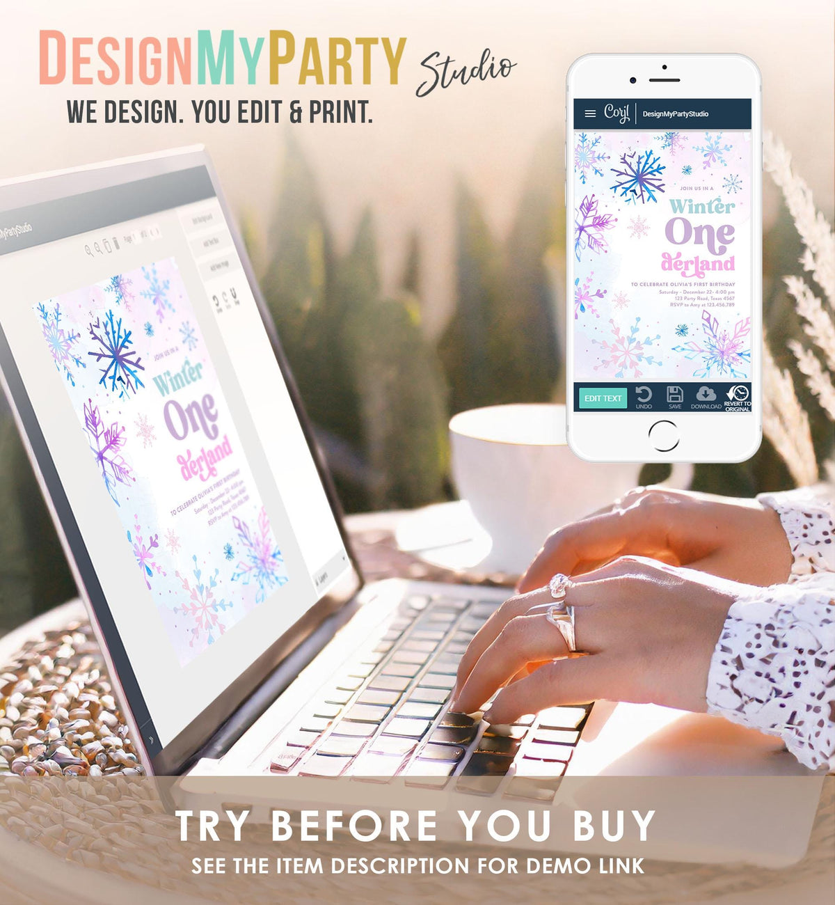 Editable Winter ONEderland Birthday Invitation First Birthday 1st Girl Pink Purple Snowflake Princess Castle Digital Template Evite 0518