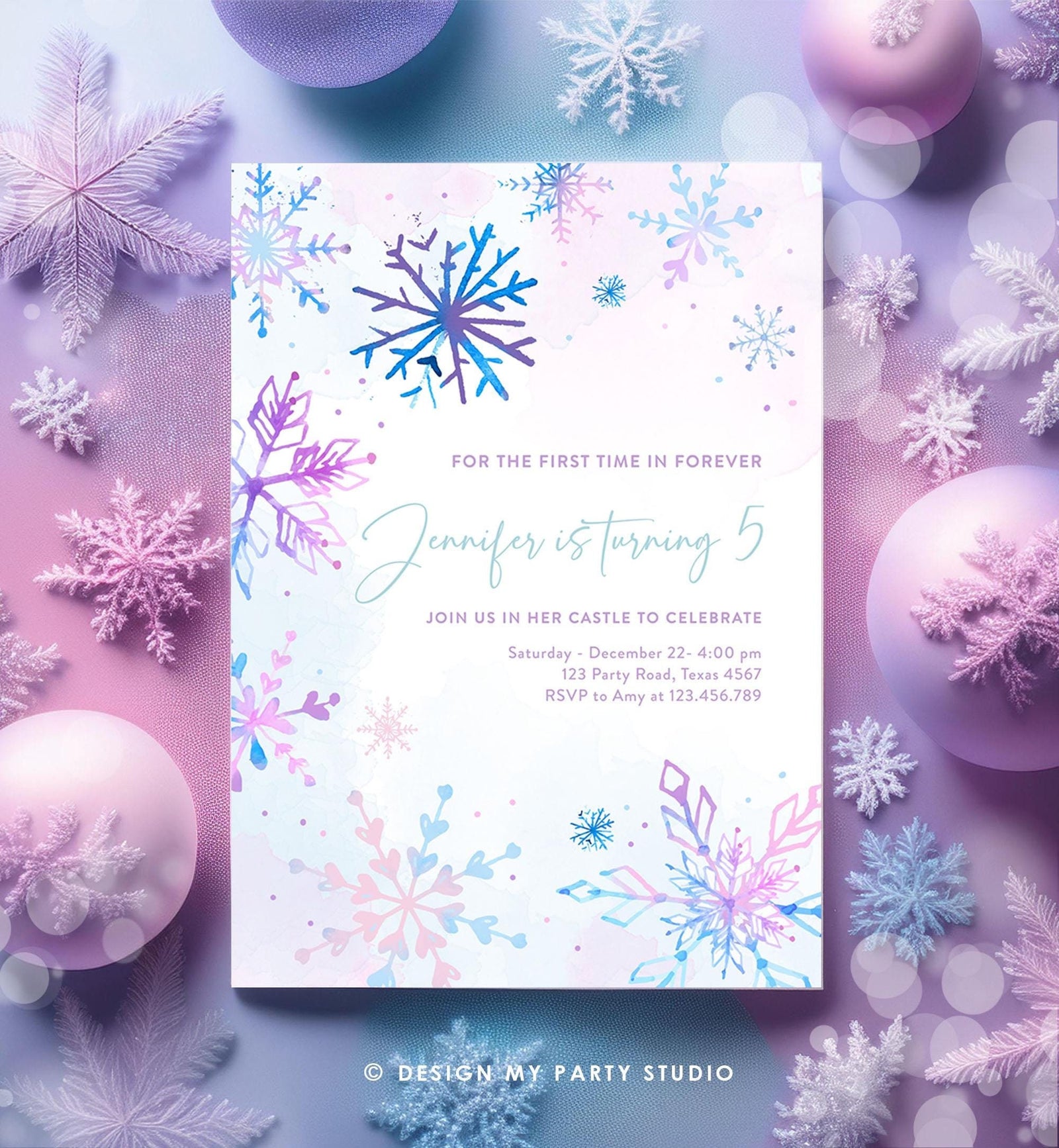 Editable Winter Birthday Invitation Winter Wonderland Onederland Princess First Birthday 1st Girl Pink Purple Snowflake Template Evite 0518