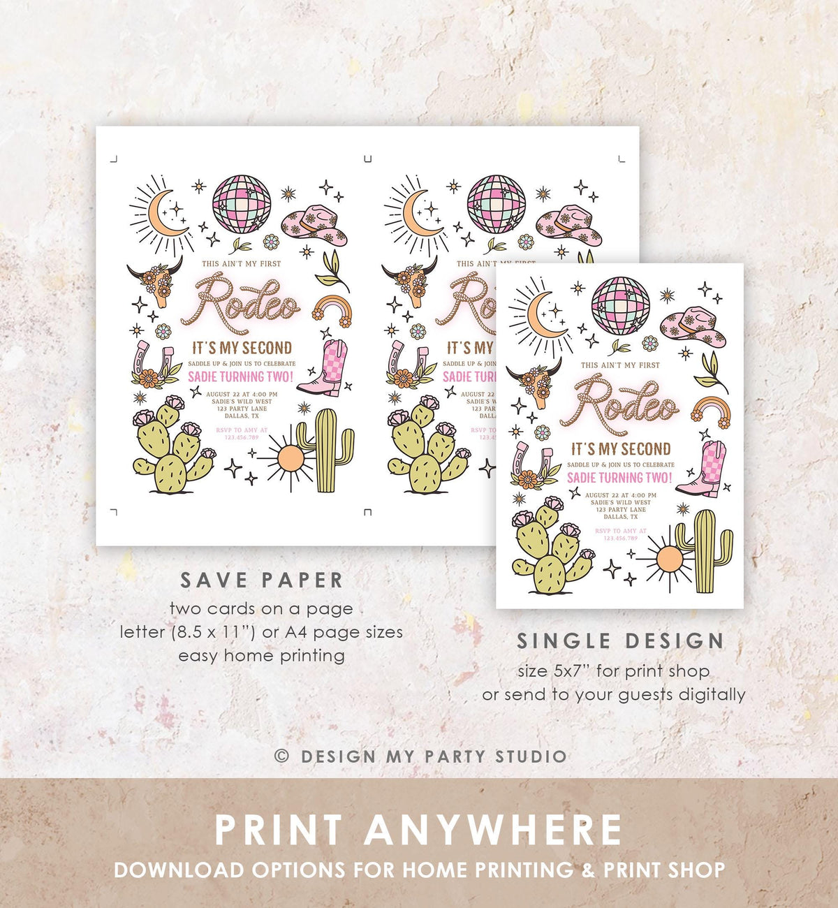 Editable Second Rodeo Birthday Invitation Space Cowgirl Disco 2nd Rodeo Pink Girl Cowgirl Ranch Party Download Printable Template Evite 0519
