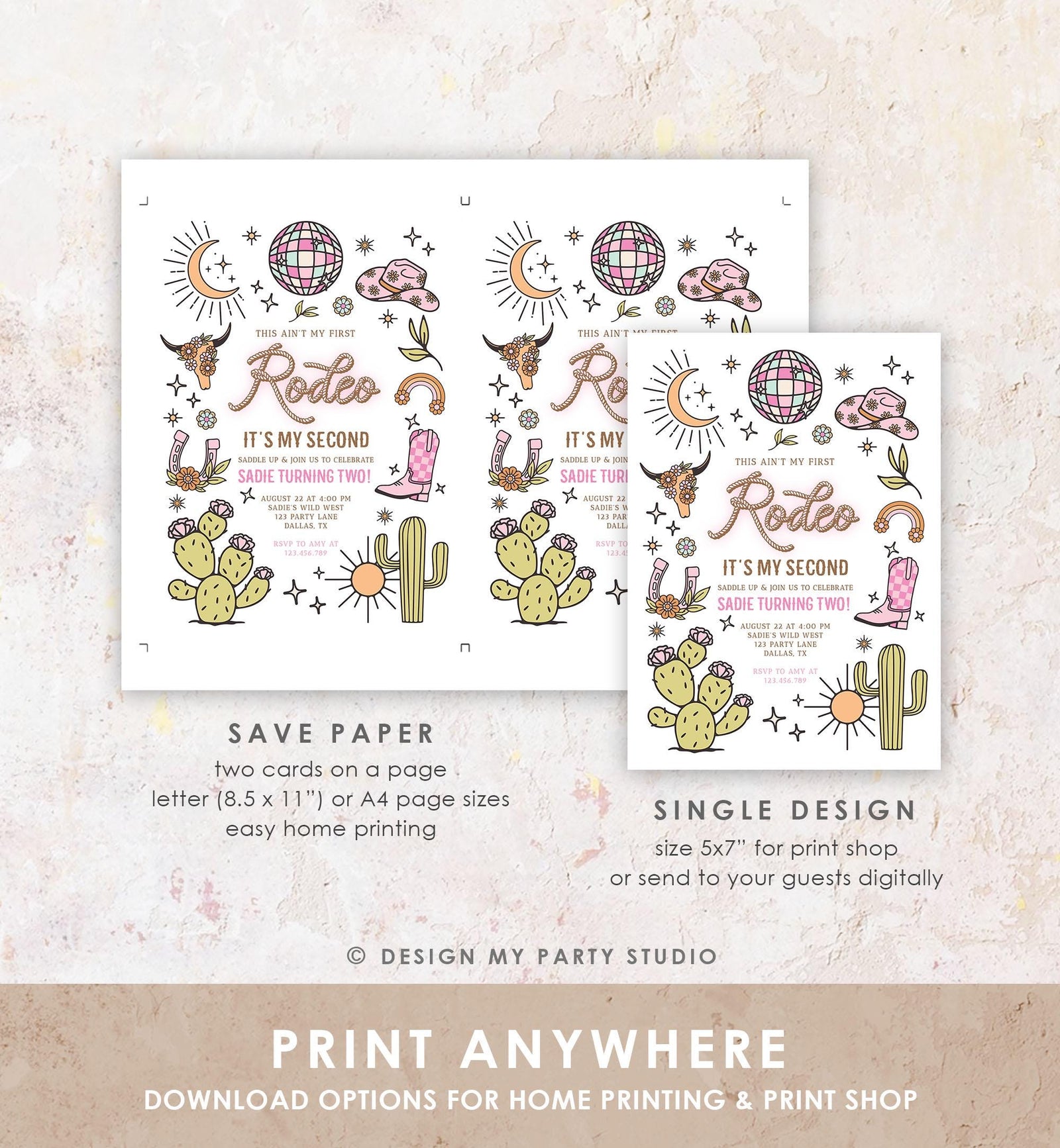 Editable Second Rodeo Birthday Invitation Space Cowgirl Disco 2nd Rodeo Pink Girl Cowgirl Ranch Party Download Printable Template Evite 0519