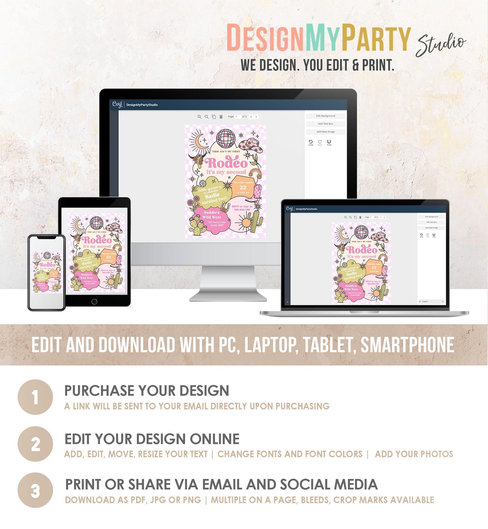 Editable Second Rodeo Birthday Invitation Space Cowgirl Disco 2nd Rodeo Pink Girl Cowgirl Ranch Party Download Printable Template Evite 0519