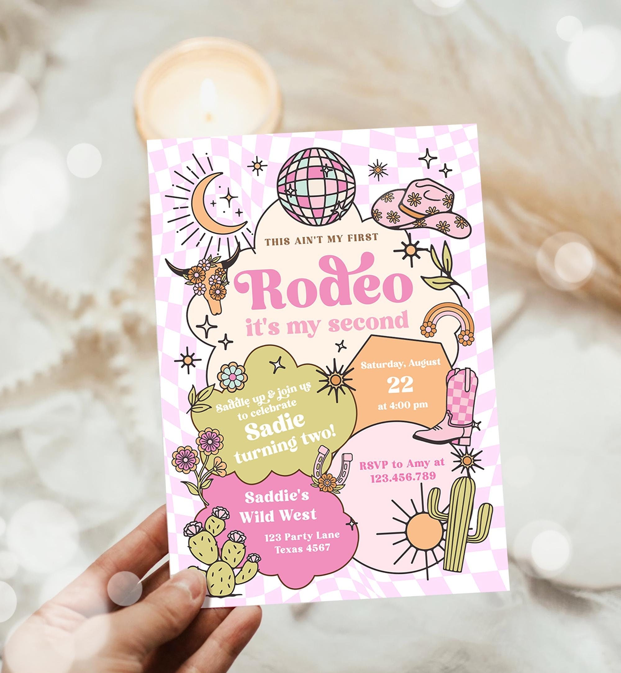 Editable Second Rodeo Birthday Invitation Space Cowgirl Disco 2nd Rode ...