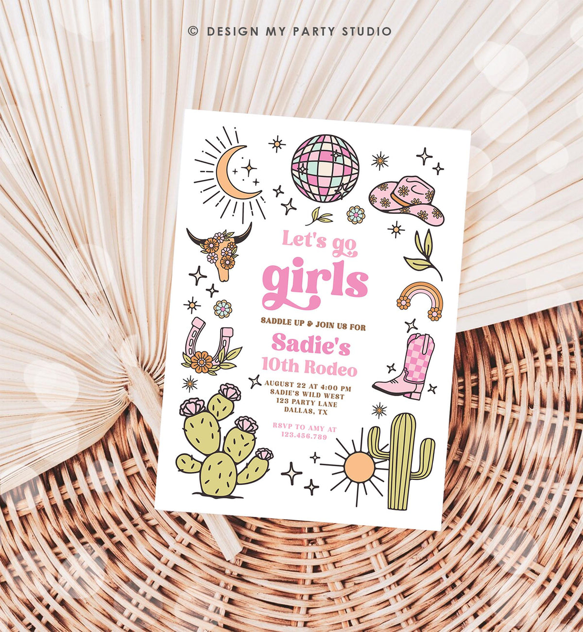 Editable Let&#39;s Go Girls Birthday Invitation Disco Rodeo Hot Pink Cowgirl Western Space Cowgirl Invite Download Printable Template Evite 0519