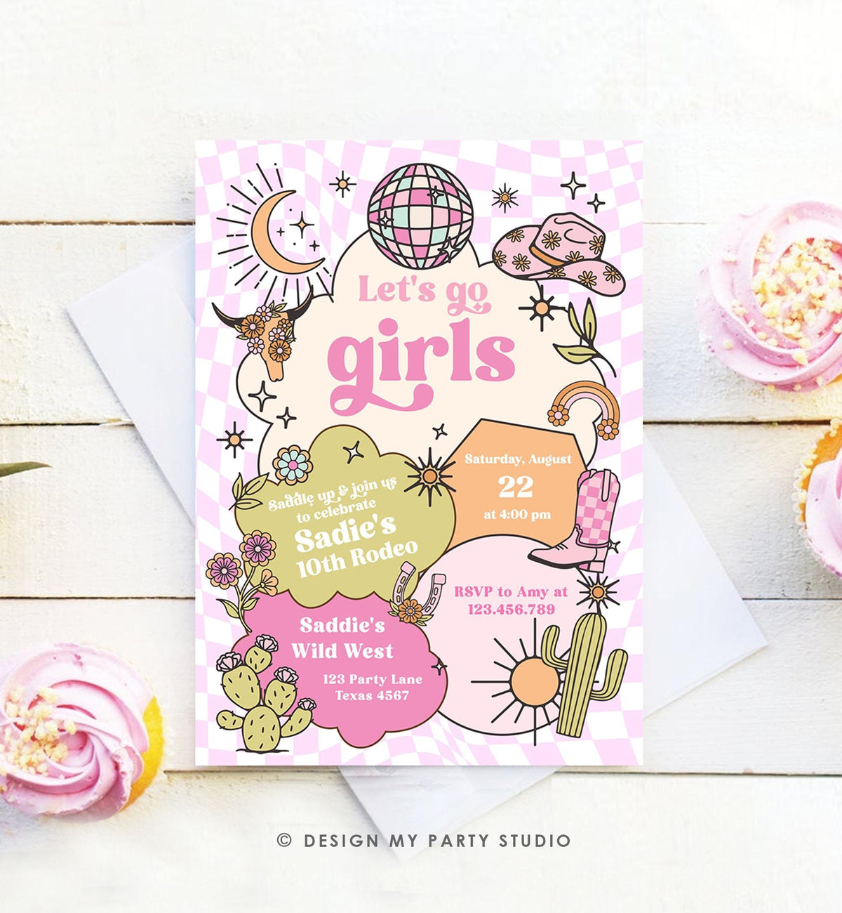 Editable Let&#39;s Go Girls Birthday Invitation Disco Rodeo Hot Pink Cowgirl Western Space Cowgirl Invite Download Printable Template Evite 0519