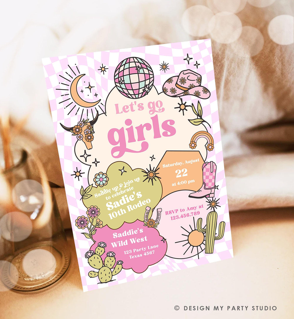 Editable Let&#39;s Go Girls Birthday Invitation Disco Rodeo Hot Pink Cowgirl Western Space Cowgirl Invite Download Printable Template Evite 0519
