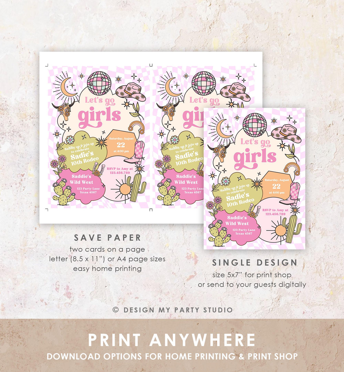 Editable Let&#39;s Go Girls Birthday Invitation Disco Rodeo Hot Pink Cowgirl Western Space Cowgirl Invite Download Printable Template Evite 0519
