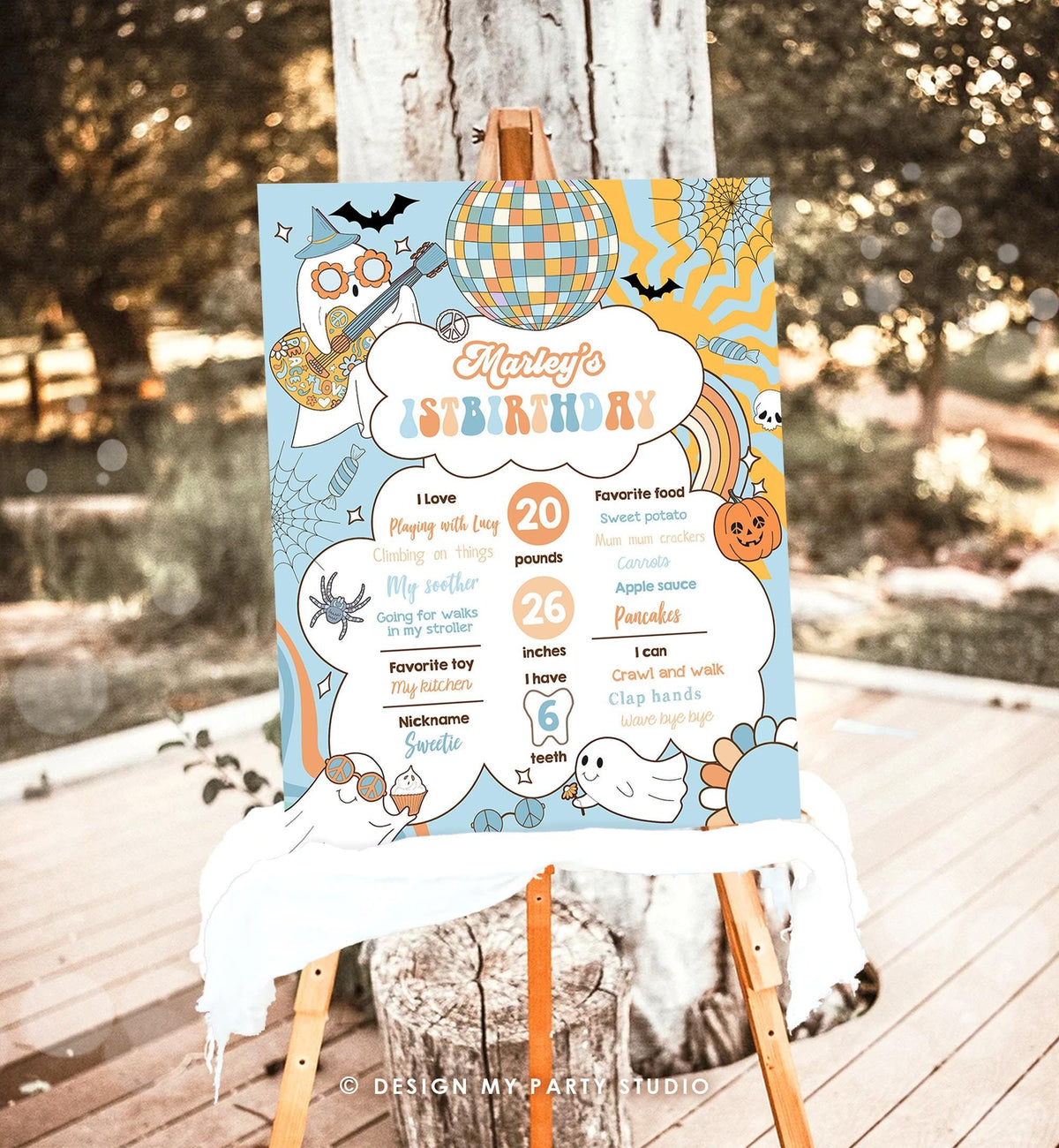 Editable Groovy Retro Halloween Birthday Milestones Sign Boy Rainbow Spooky Flower Power 70&#39;s Sun 1st Party Digital Template Printable 0471