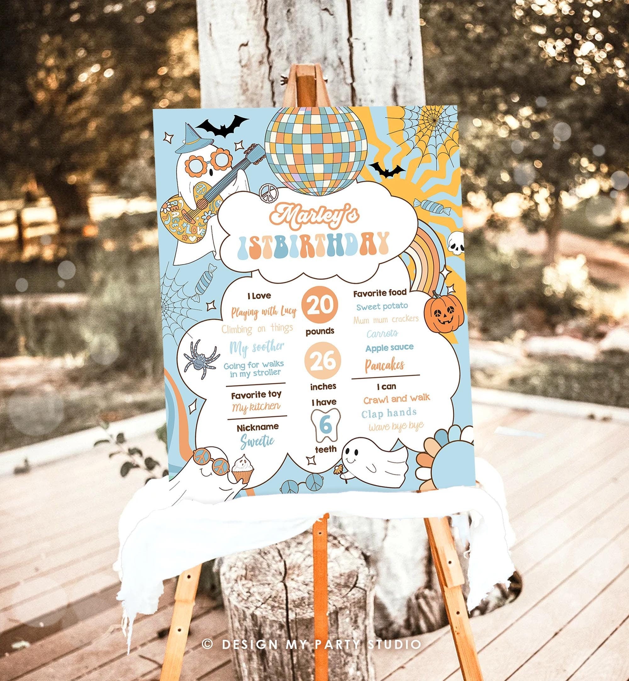 Editable Groovy Retro Halloween Birthday Milestones Sign Boy Rainbow Spooky Flower Power 70's Sun 1st Party Digital Template Printable 0471