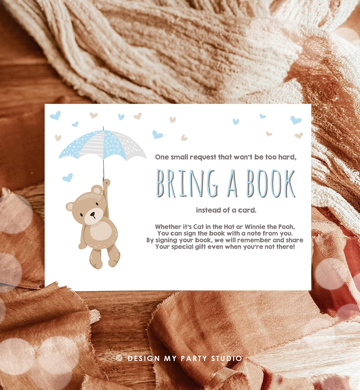 Baby shower Bring a book card Teddy bear Boy Baby shower Teddy bear Book insert Book card Teddy bear Bring a book Blush Blue PRINTABLE 0025