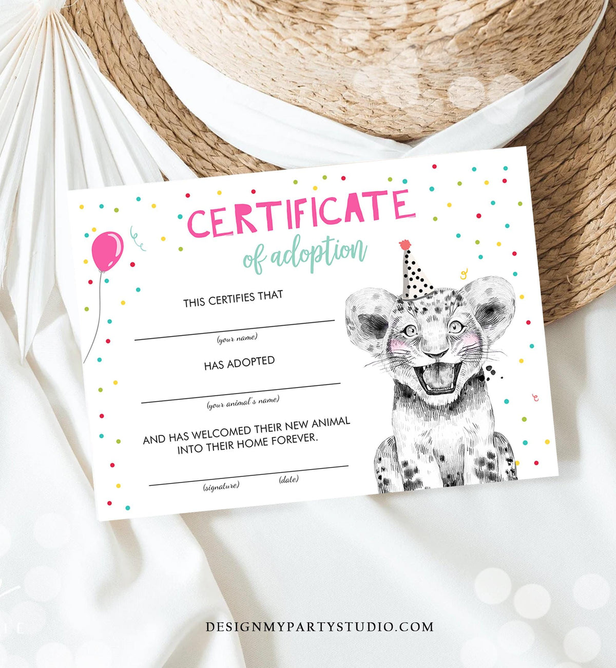 Tiger Cub Adoption Certificate Safari Animals Adopt an Animals Wild One Birthday Party Animals Birthday Girl Download Digital Printable 0390