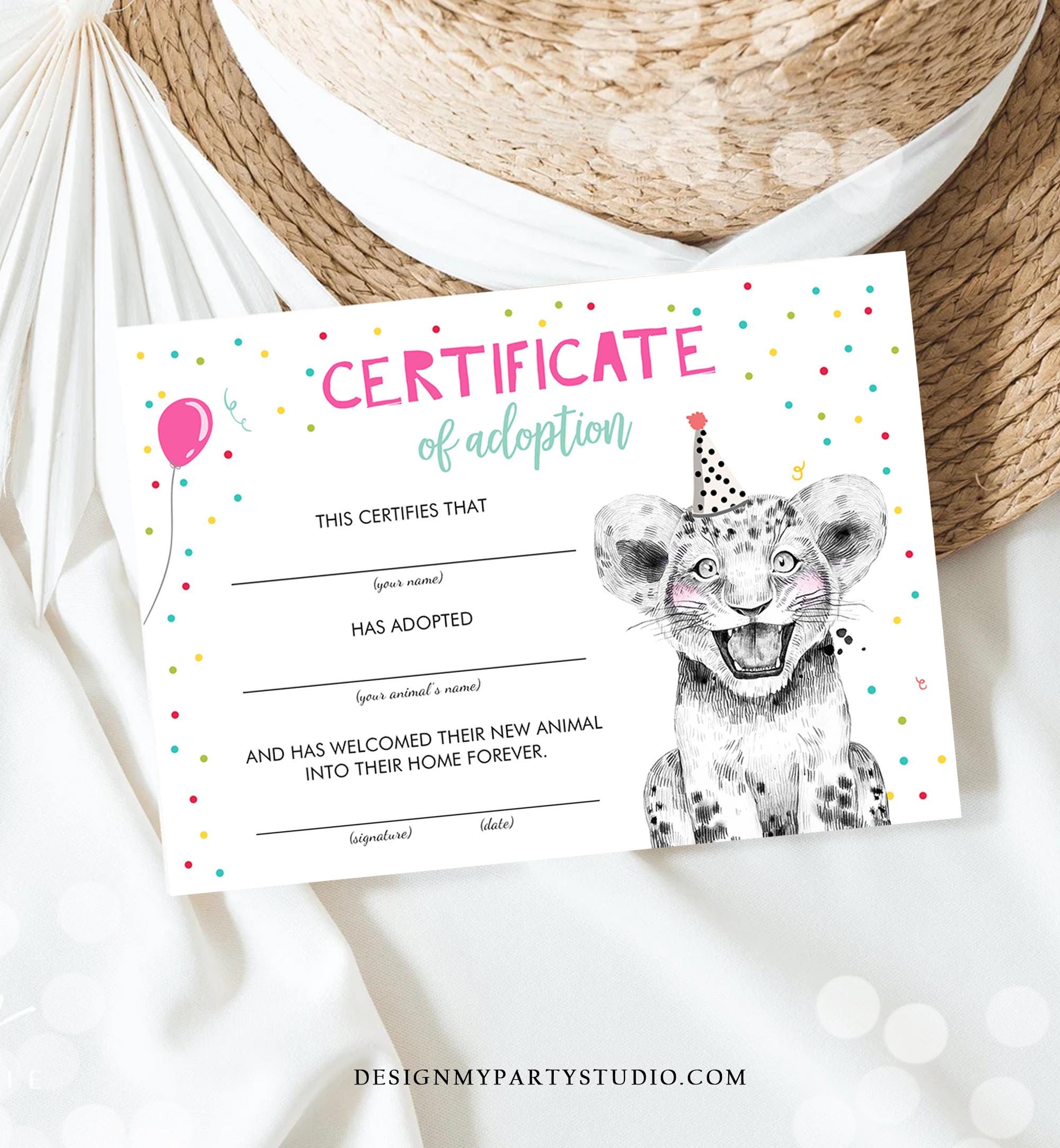 Tiger Cub Adoption Certificate Safari Animals Adopt an Animals Wild One Birthday Party Animals Birthday Girl Download Digital Printable 0390