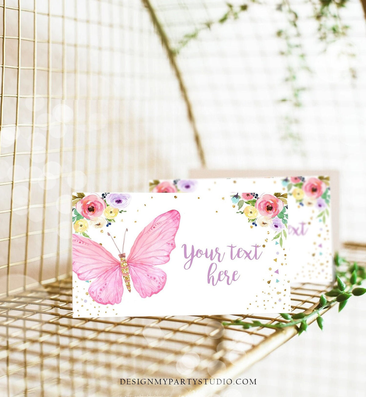 Editable Butterfly Food Labels Floral Butterfly Birthday Food Cards Tent Card Girl Pink Gold Buffet Label Tent Card Template Printable 0162