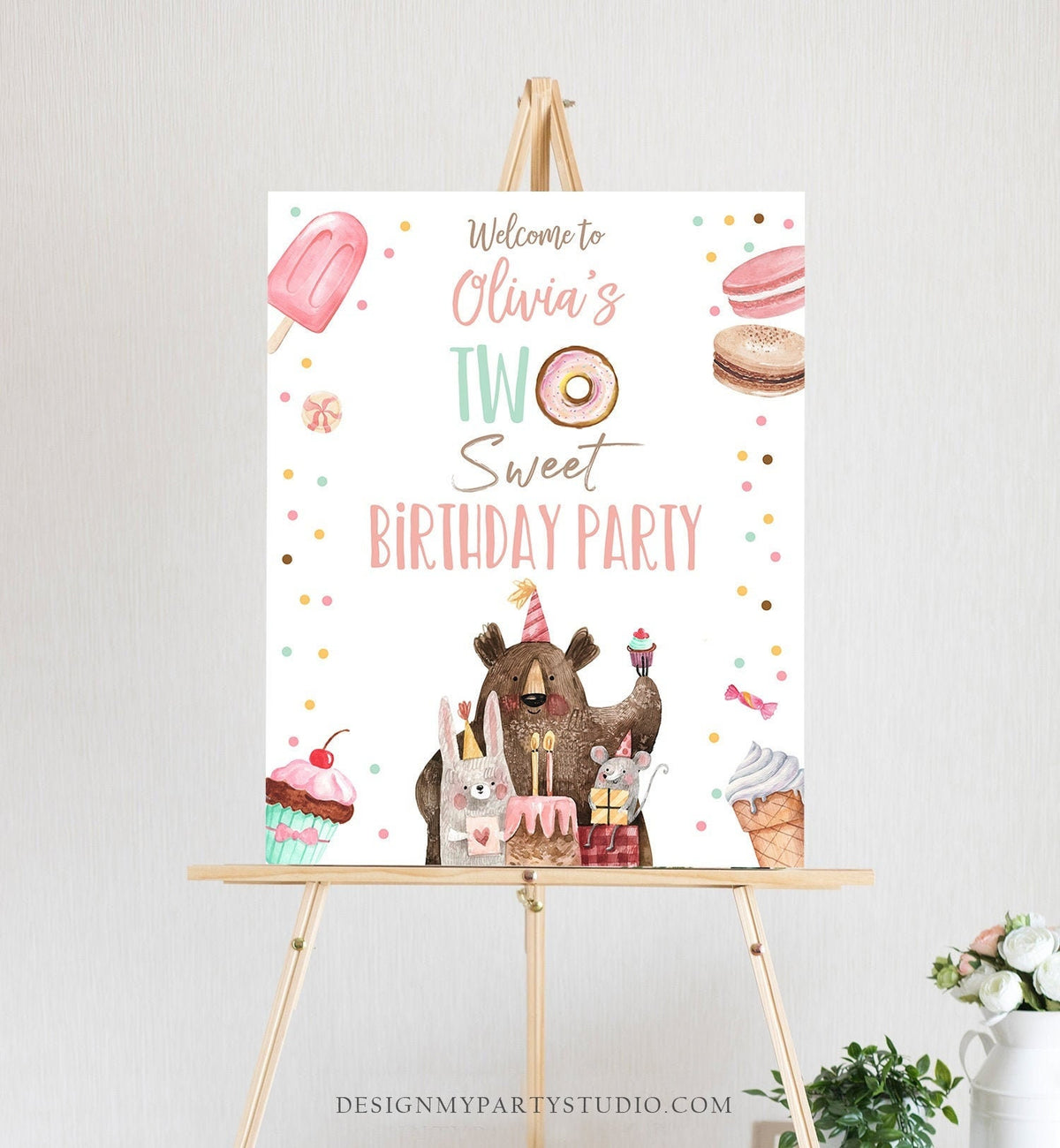 Editable Two Sweet Birthday Welcome Sign Donut Birthday Welcome Girl 2nd Birthday Candy Land Party Animals Digital Template Printable 0373